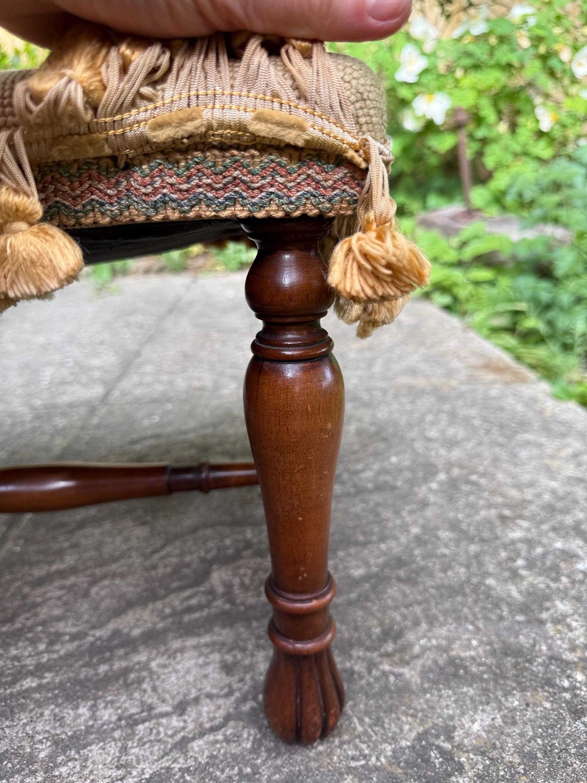 photo for sale Vintage Needlepoint Fireside Footstool With Tassel Fringe And Turned Wooden Legs