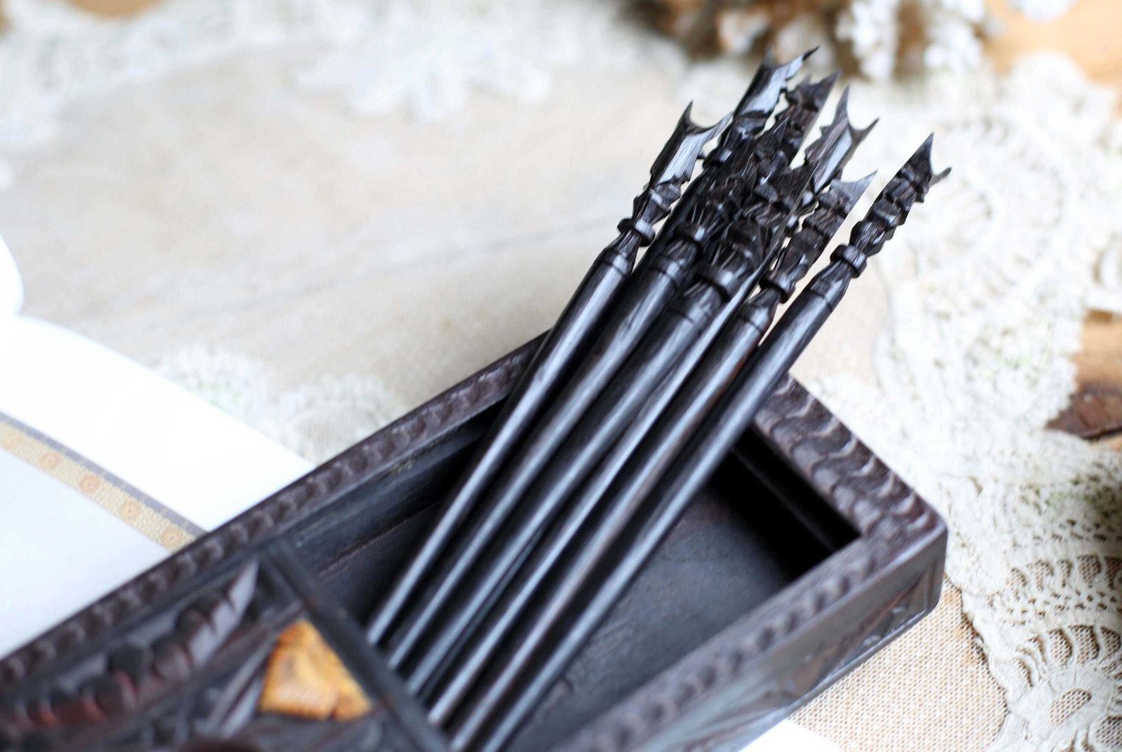 Vintage Balinese Chopstick Set Wooden Box Carved Frog & Lizard Indonesian photo furniture