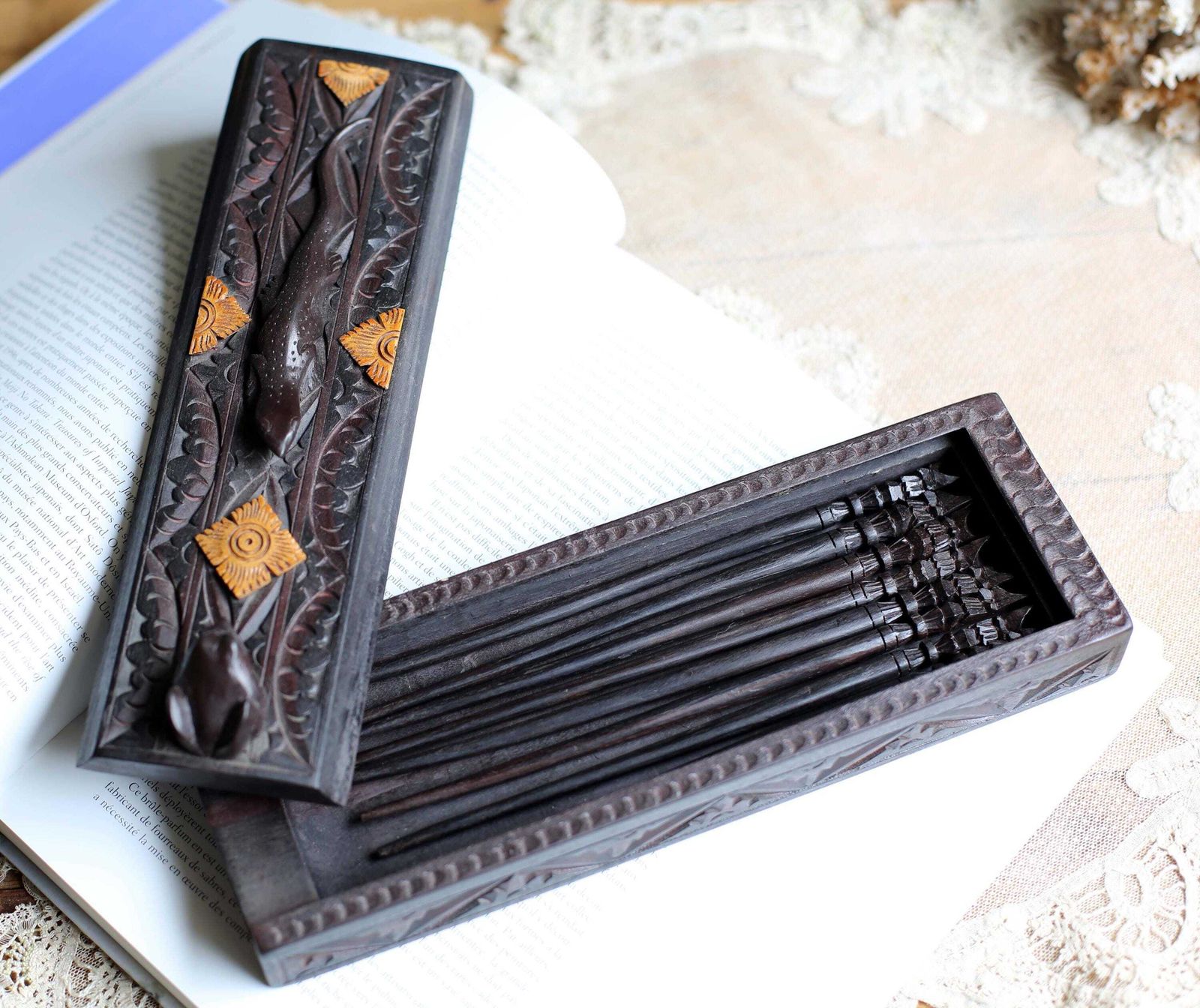 photo for sale Vintage Balinese Chopstick Set Wooden Box Carved Frog & Lizard Indonesian
