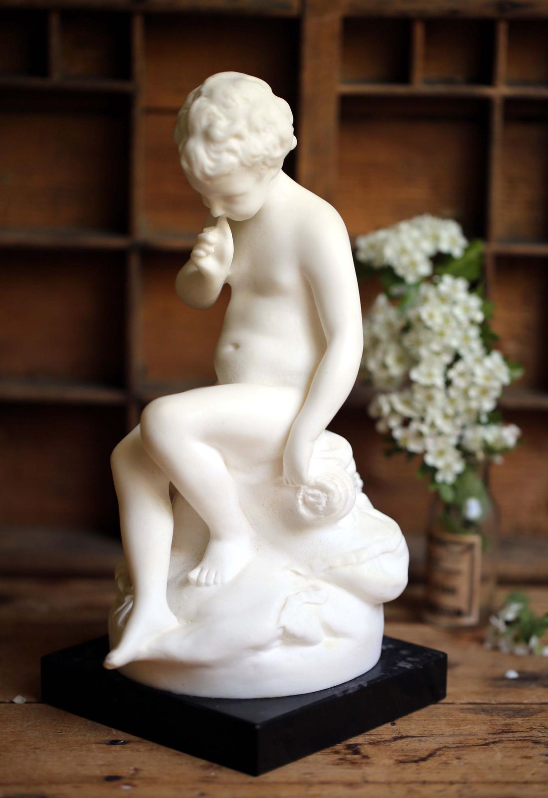Antique Seated Cupid Eros Figurine Wax Marble Young Boy With Quiver Statue After Etienne Maurice Falconet photo Art