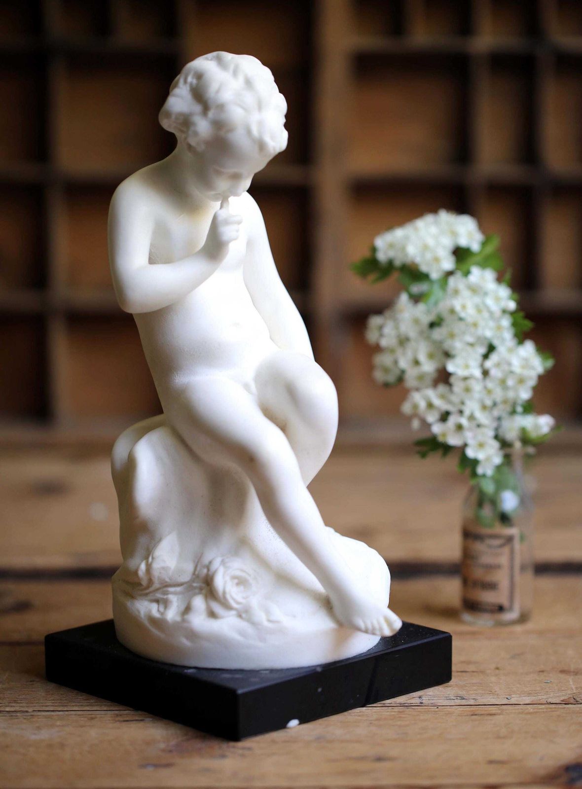Antique Seated Cupid Eros Figurine Wax Marble Young Boy With Quiver Statue After Etienne Maurice Falconet photo vinterior