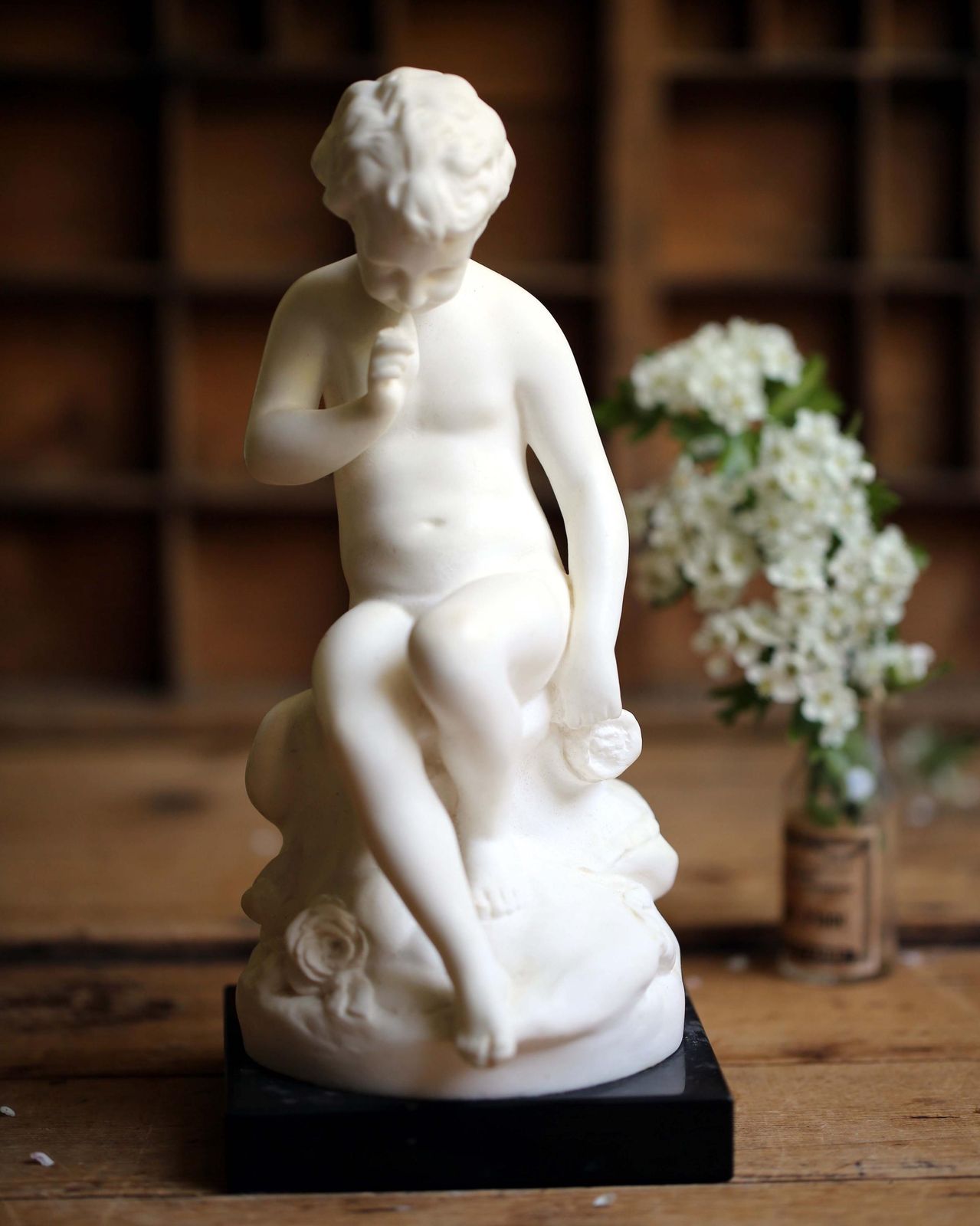 photo furniture Antique Seated Cupid Eros Figurine Wax Marble Young Boy With Quiver Statue After Etienne Maurice Falconet
