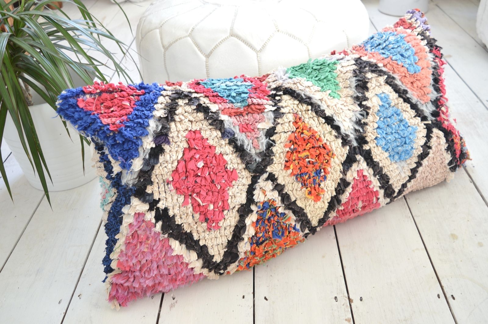 Vintage Moroccan Boucherouite Cushion Cover Xl 38 X 80 Cm Modern Berber Geometric Colourful Pillow photo for sale