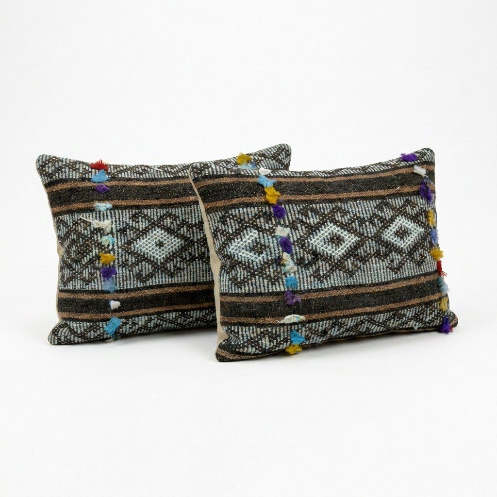 Turkische wollen kilim lendenkussenhoes 35 x 50 cm, set van twee photo for sale