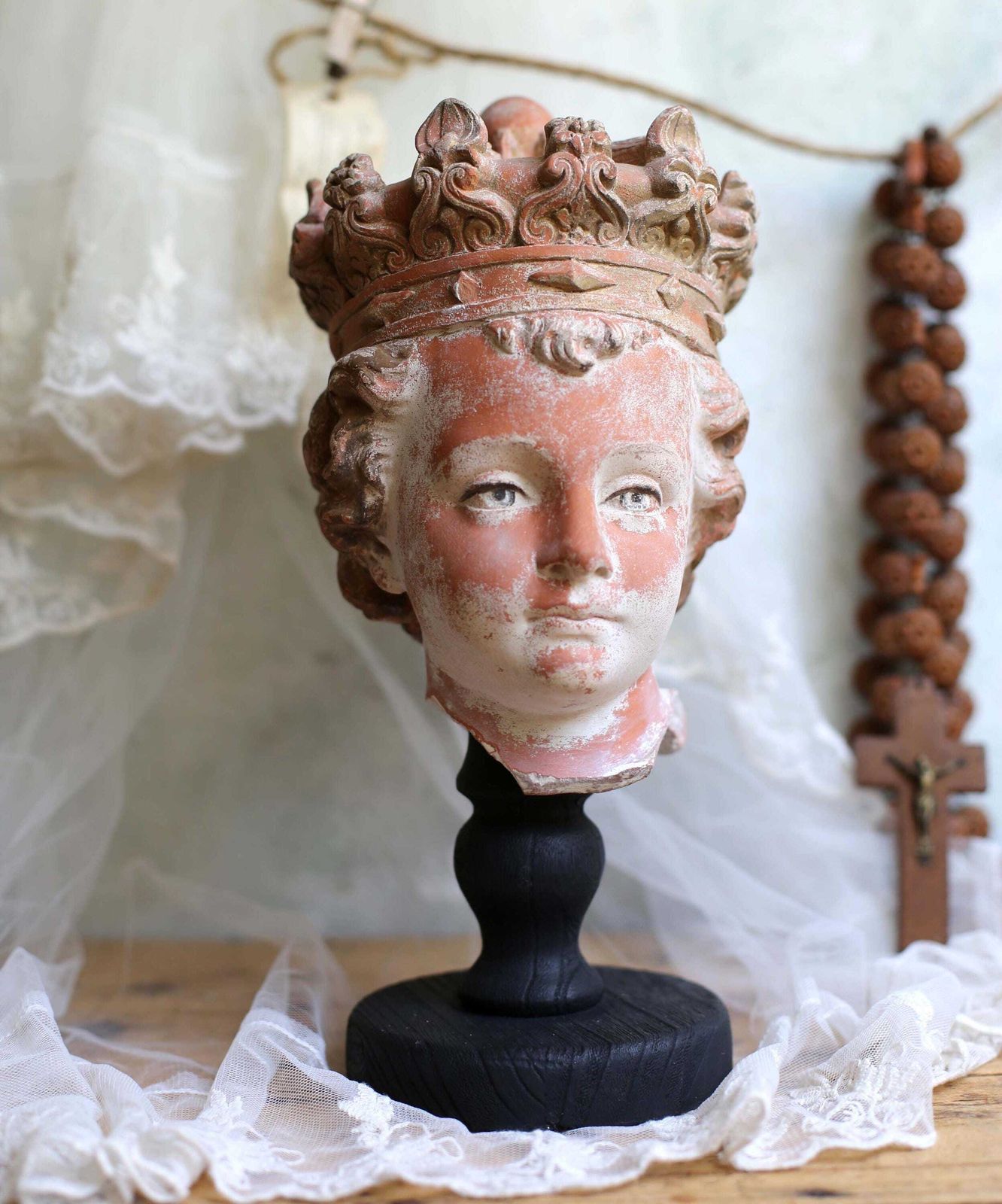 Antique Infant Jesus Head Gothic Style Bust Polychrome Terracotta Christ Statue On Wooden Stand photo furniture