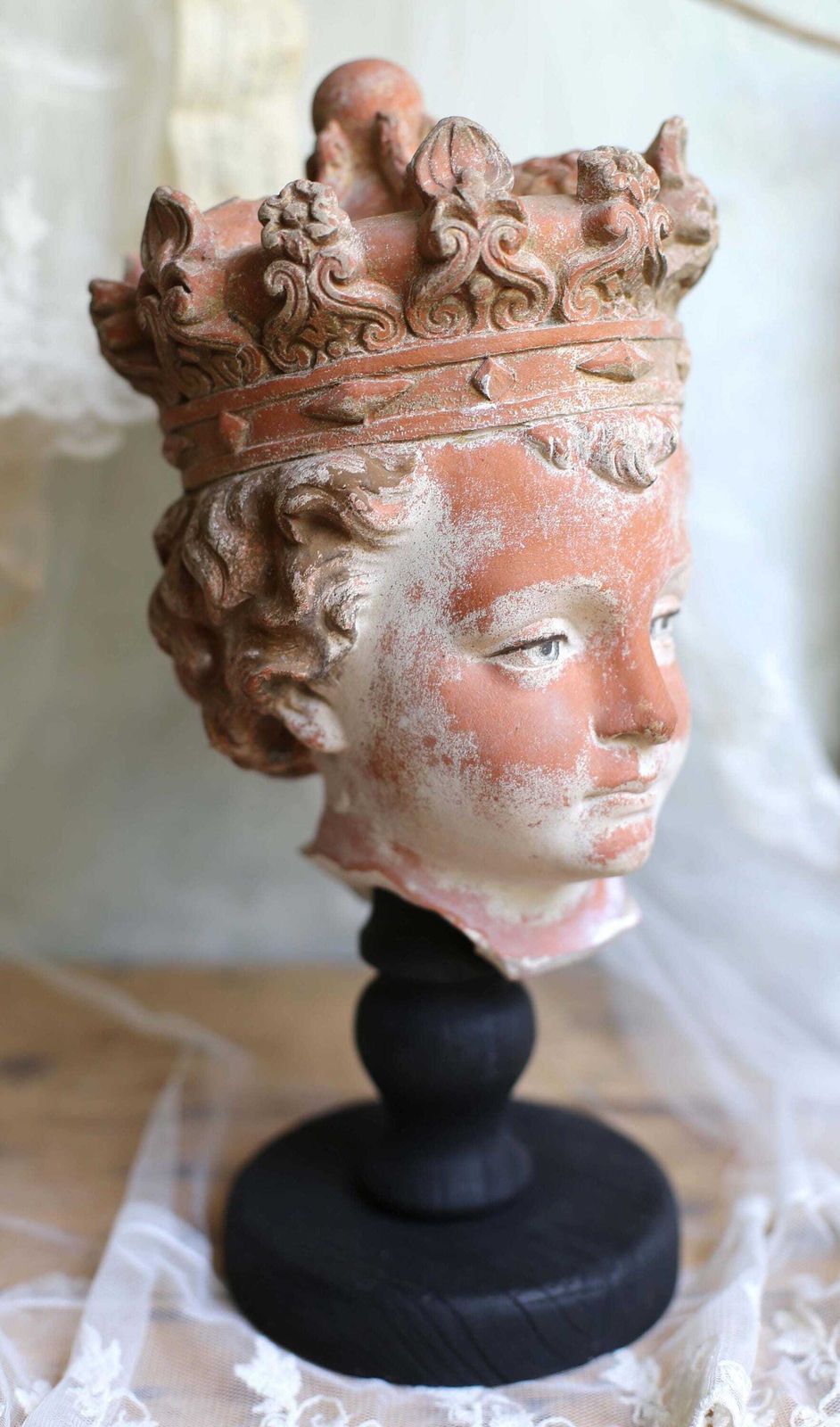 Antique Infant Jesus Head Gothic Style Bust Polychrome Terracotta Christ Statue On Wooden Stand photo 348.0