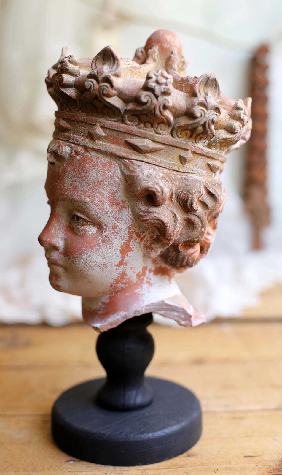Antique Infant Jesus Head Gothic Style Bust Polychrome Terracotta Christ Statue On Wooden Stand photo vintage