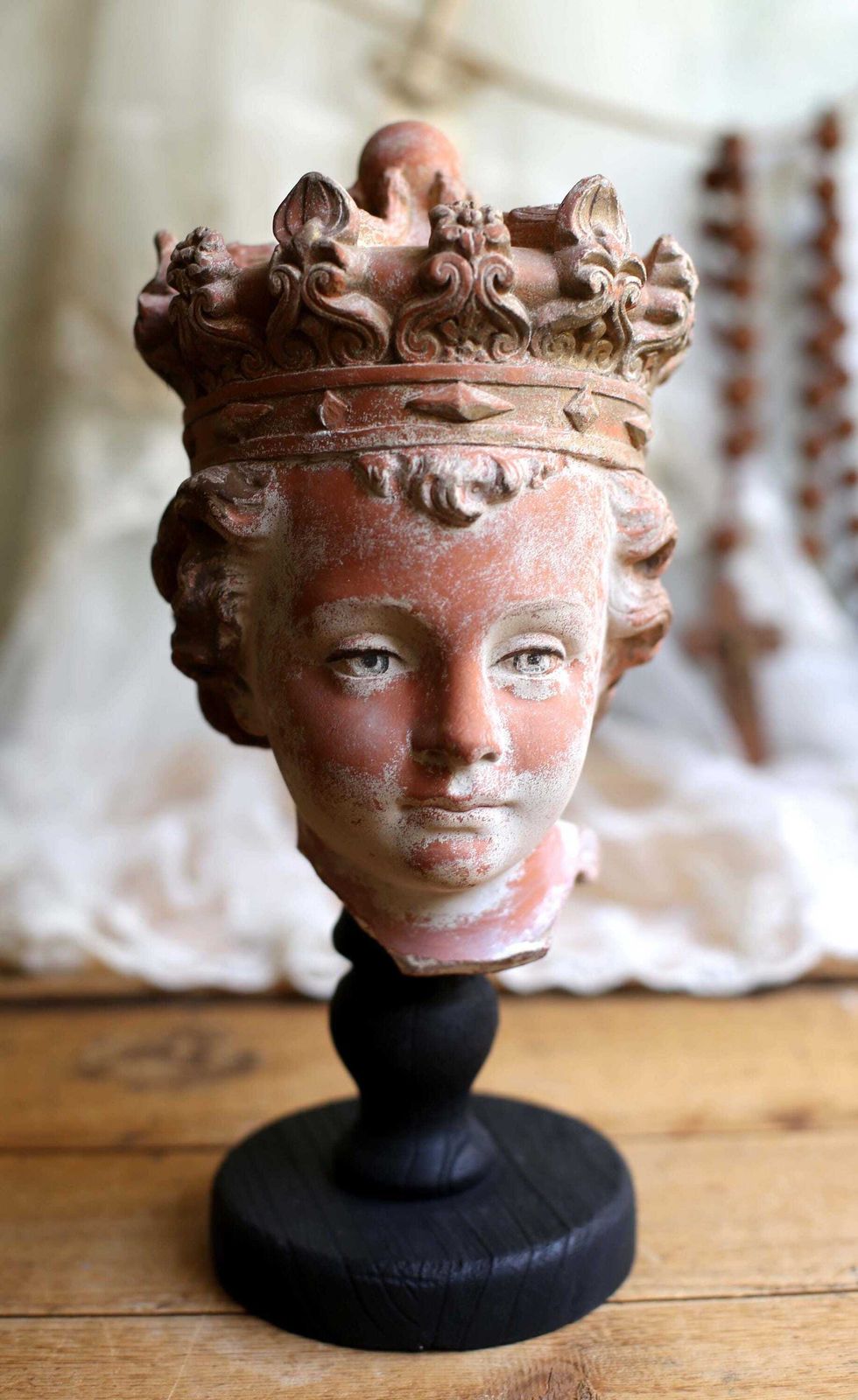 photo for sale Antique Infant Jesus Head Gothic Style Bust Polychrome Terracotta Christ Statue On Wooden Stand