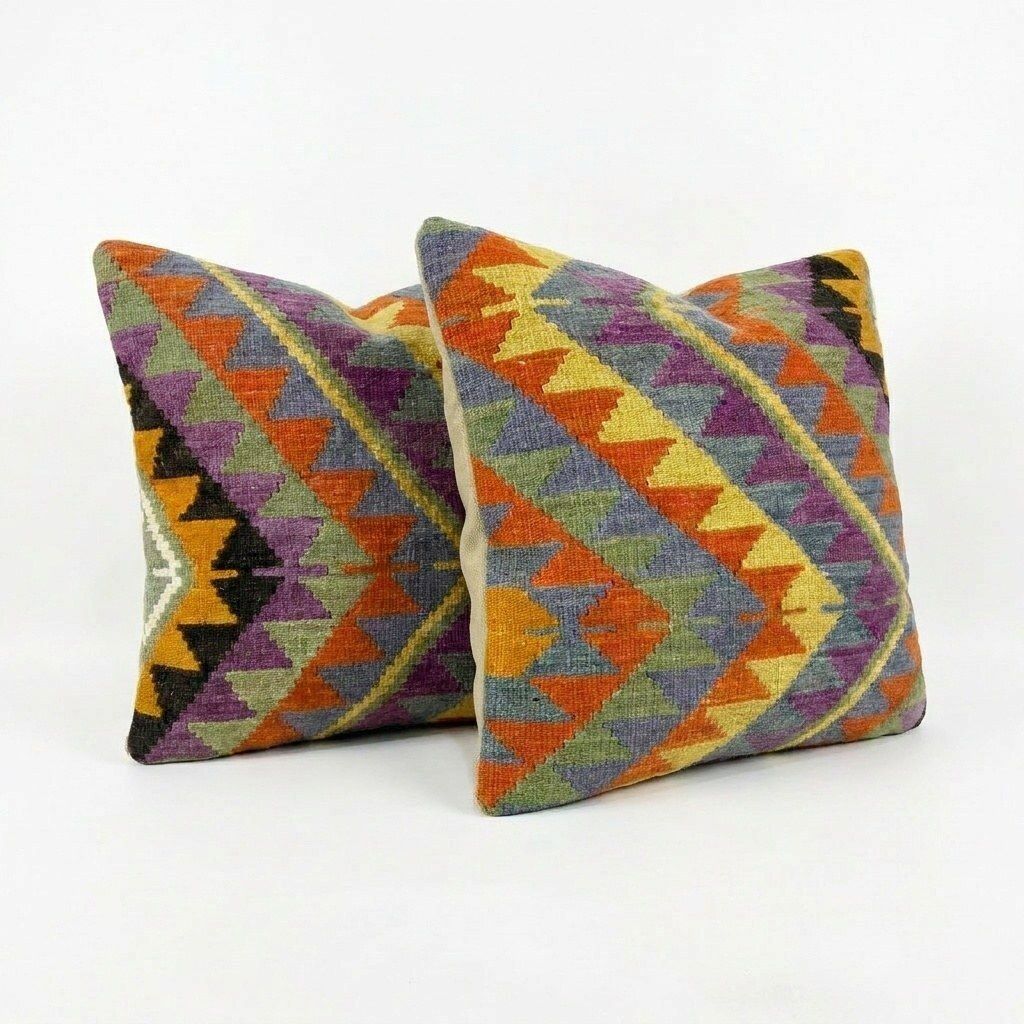 Boheemse Turkse kilim kussenhoes 60 x 60 cm, set van twee photo for sale
