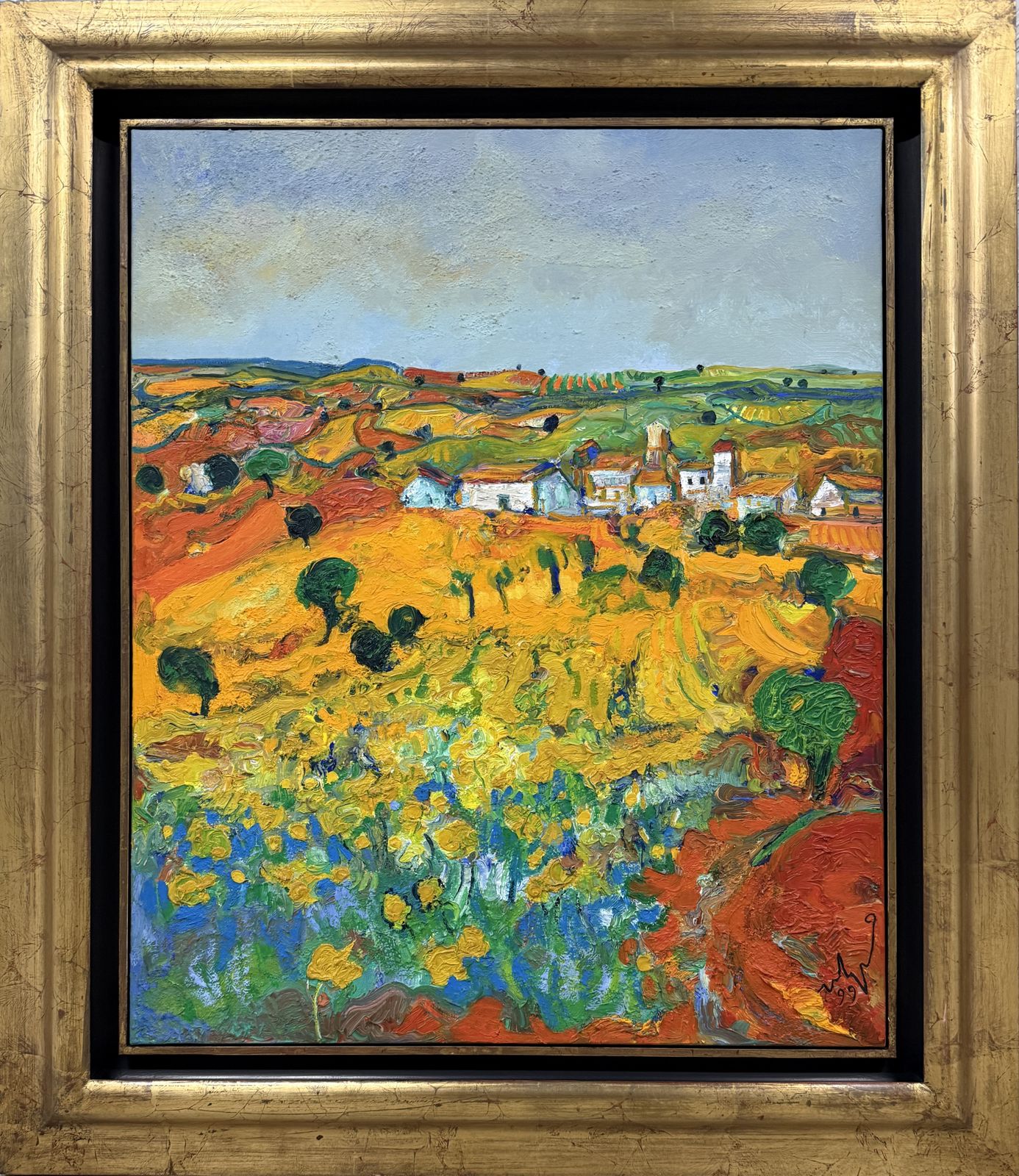 Ulpiano Carrasco Colorful Spanish Village Landscape With Thick Impasto And Yellow Fields Oil Art 1999