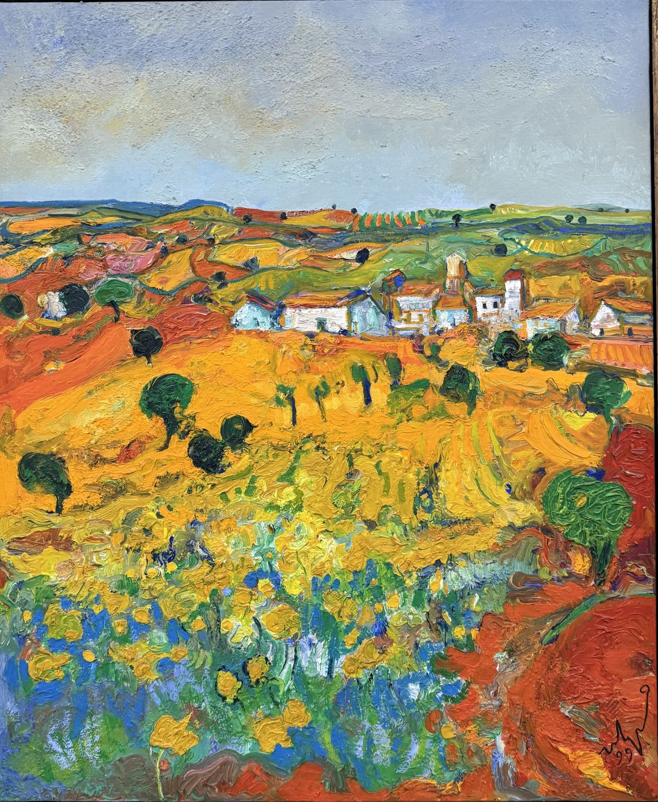 Ulpiano Carrasco Colorful Spanish Village Landscape With Thick Impasto And Yellow Fields Oil Art 1999 photo furniture