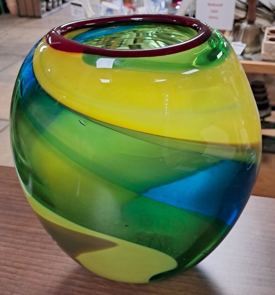 Mid Century Murano Style Hand Blown Art Glass Vase In Green, Brown, Yellow Blue photo for sale
