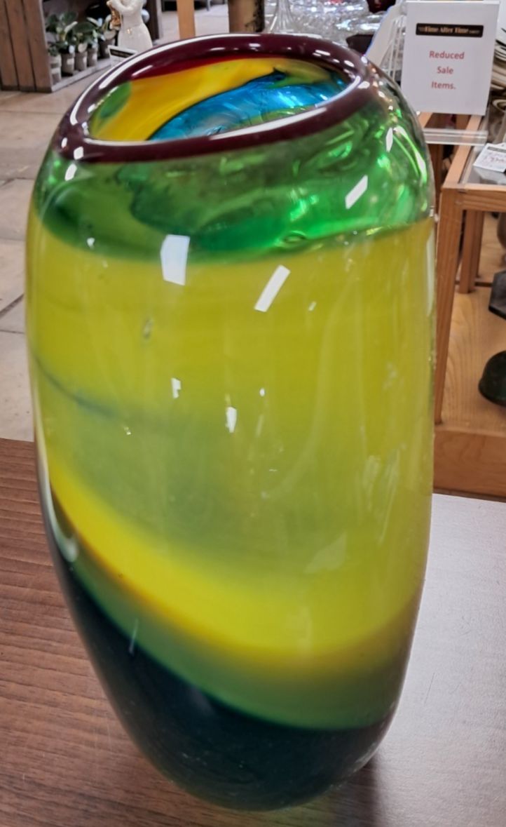 Mid Century Murano Style Hand Blown Art Glass Vase In Green, Brown, Yellow Blue photo Home Decor