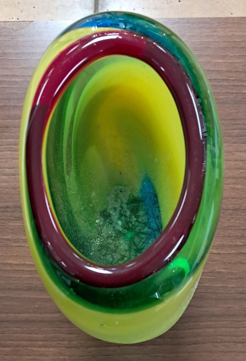 Mid Century Murano Style Hand Blown Art Glass Vase In Green, Brown, Yellow Blue photo 75.0