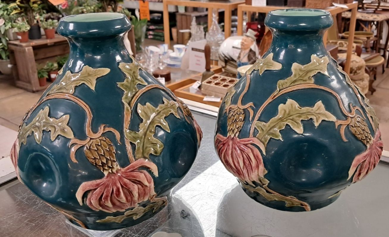 Unusual Pair Of Vintage Dimpled  Vases With Appliqued Clay Thistle Design photo furniture
