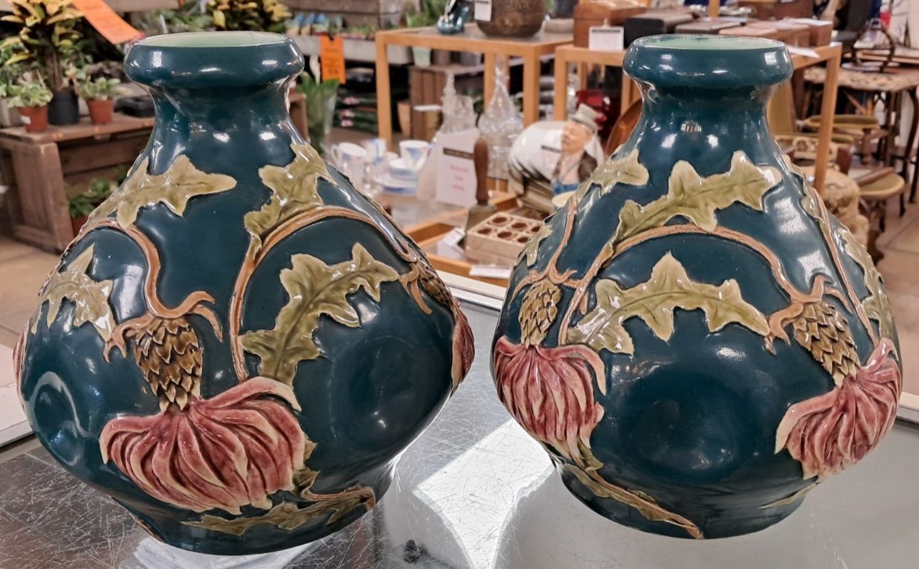 Unusual Pair Of Vintage Dimpled  Vases With Appliqued Clay Thistle Design photo for sale