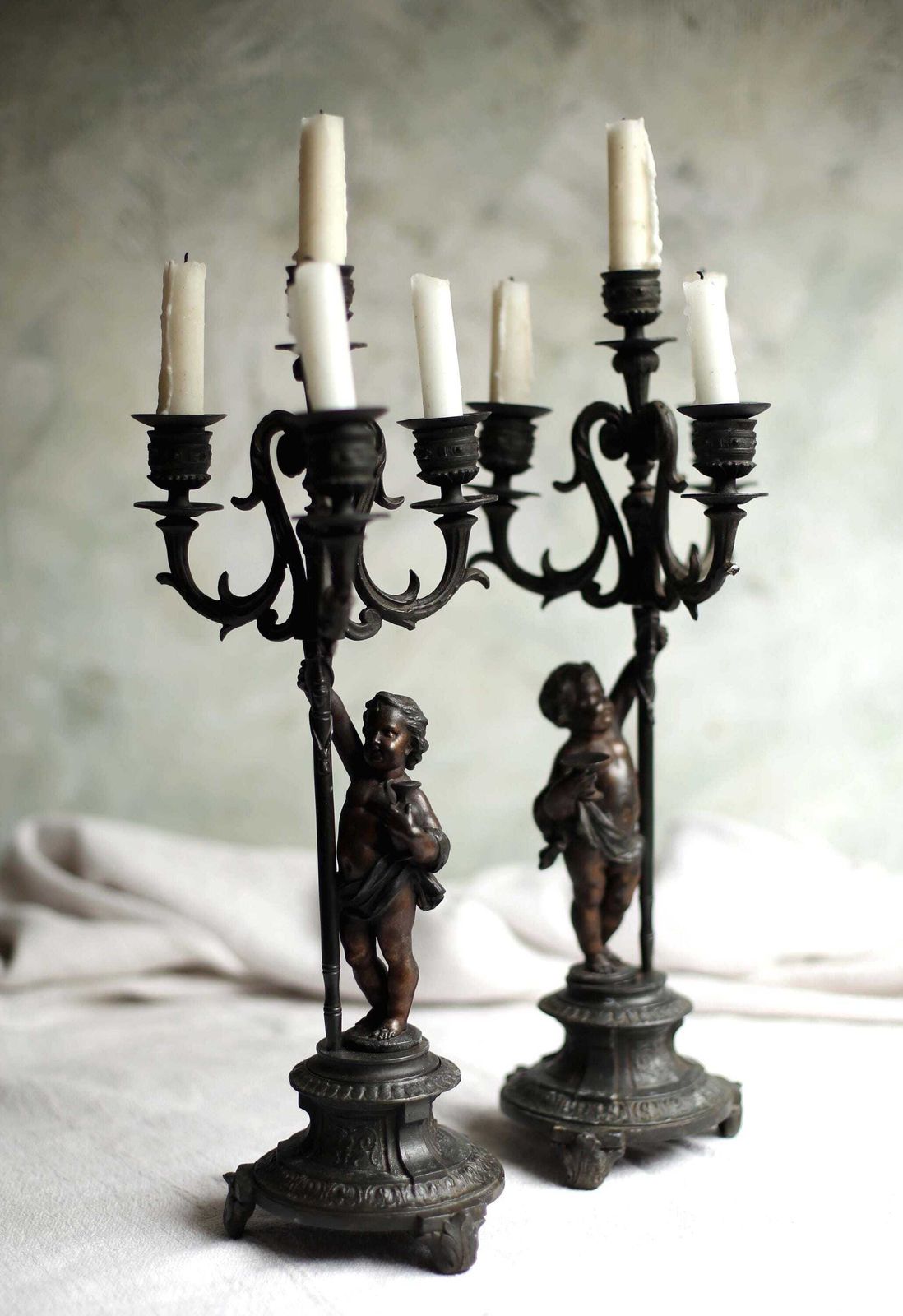 Pair Of French Candelabra With Cherubs Antique Rococo Bronzed Spelter Candle Holders