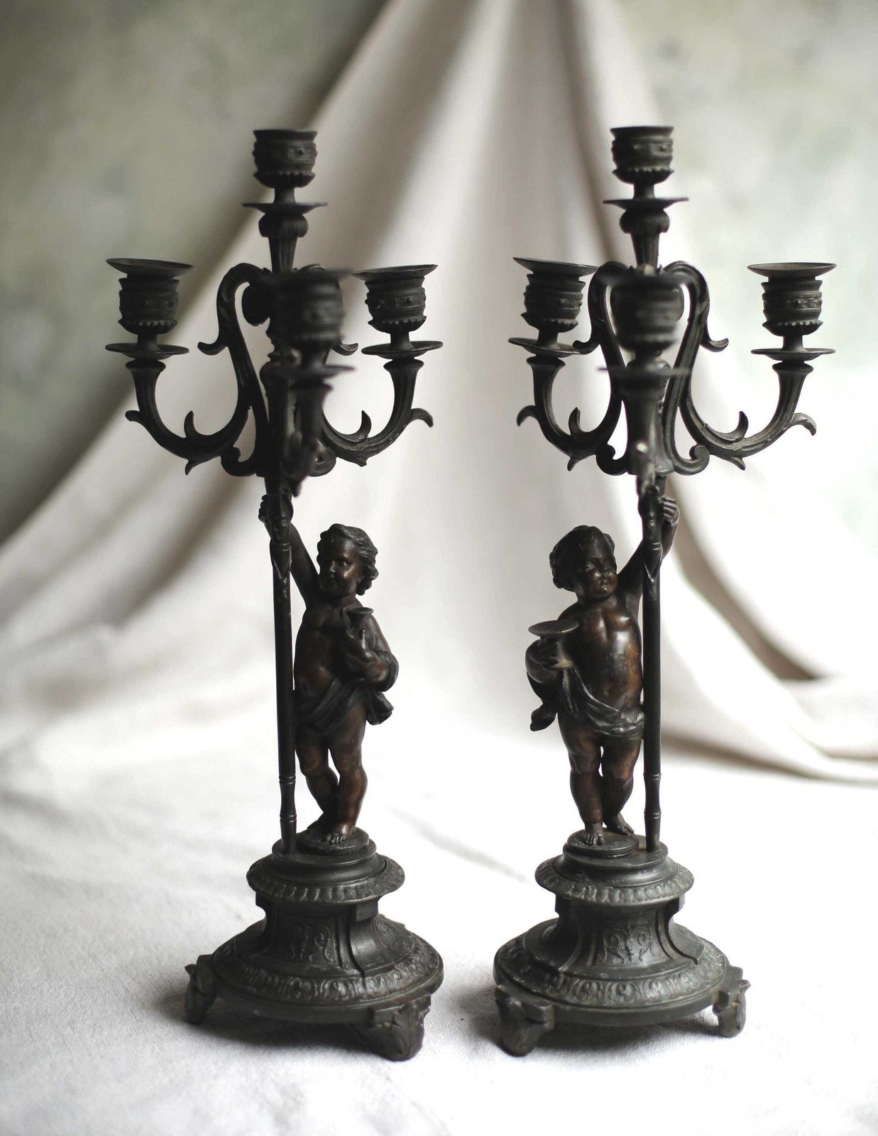 Pair Of French Candelabra With Cherubs Antique Rococo Bronzed Spelter Candle Holders photo furniture