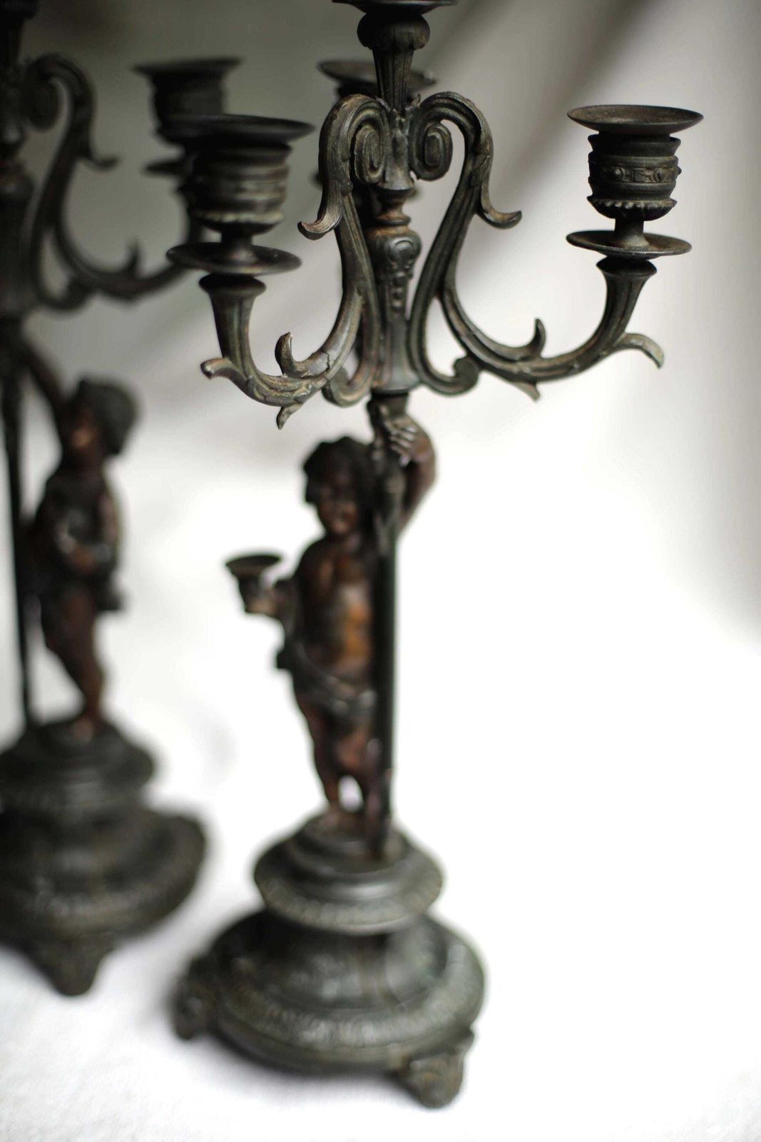 Pair Of French Candelabra With Cherubs Antique Rococo Bronzed Spelter Candle Holders photo buy