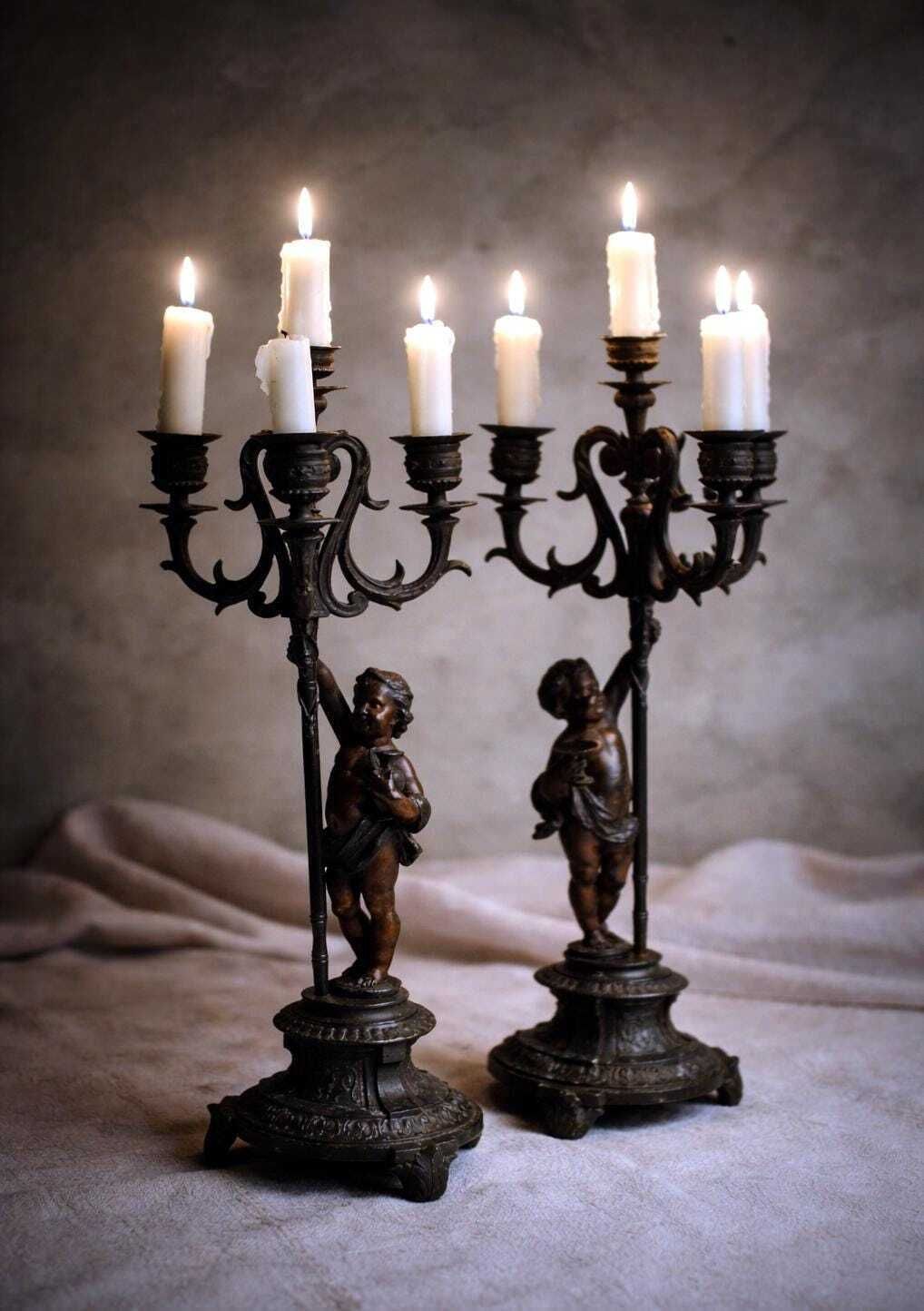 Home Decor Pair Of French Candelabra With Cherubs Antique Rococo Bronzed Spelter Candle Holders photo