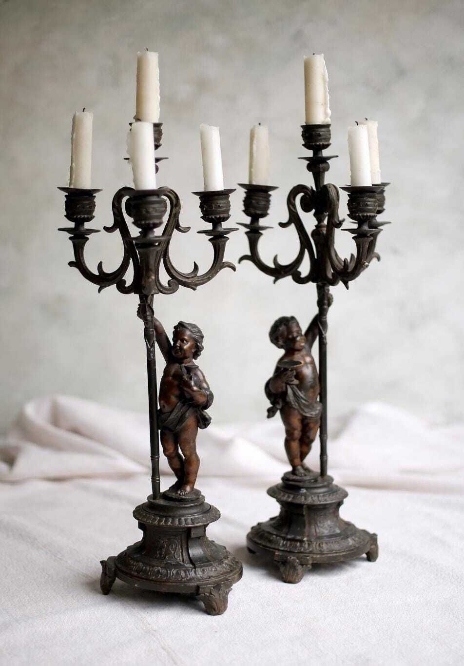248.0 Pair Of French Candelabra With Cherubs Antique Rococo Bronzed Spelter Candle Holders photo