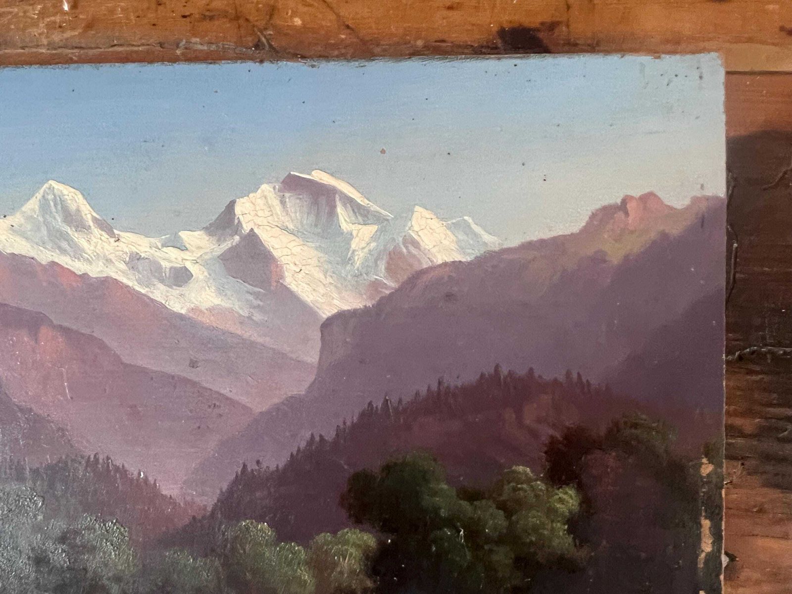 Pair Of Antique Swiss Landscape Oil Paintings On Wood Panel, 19th Century Grand Tour Alpine Art, Interlaken, Lake Thun & Jungfrau, Unframed photo Art