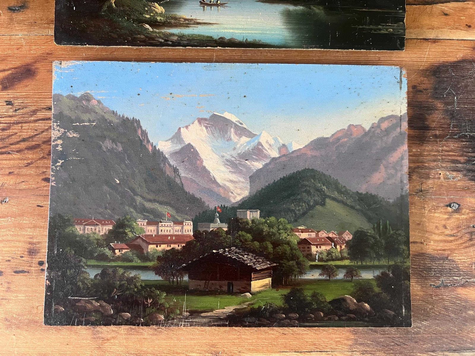 photo buy Pair Of Antique Swiss Landscape Oil Paintings On Wood Panel, 19th Century Grand Tour Alpine Art, Interlaken, Lake Thun & Jungfrau, Unframed