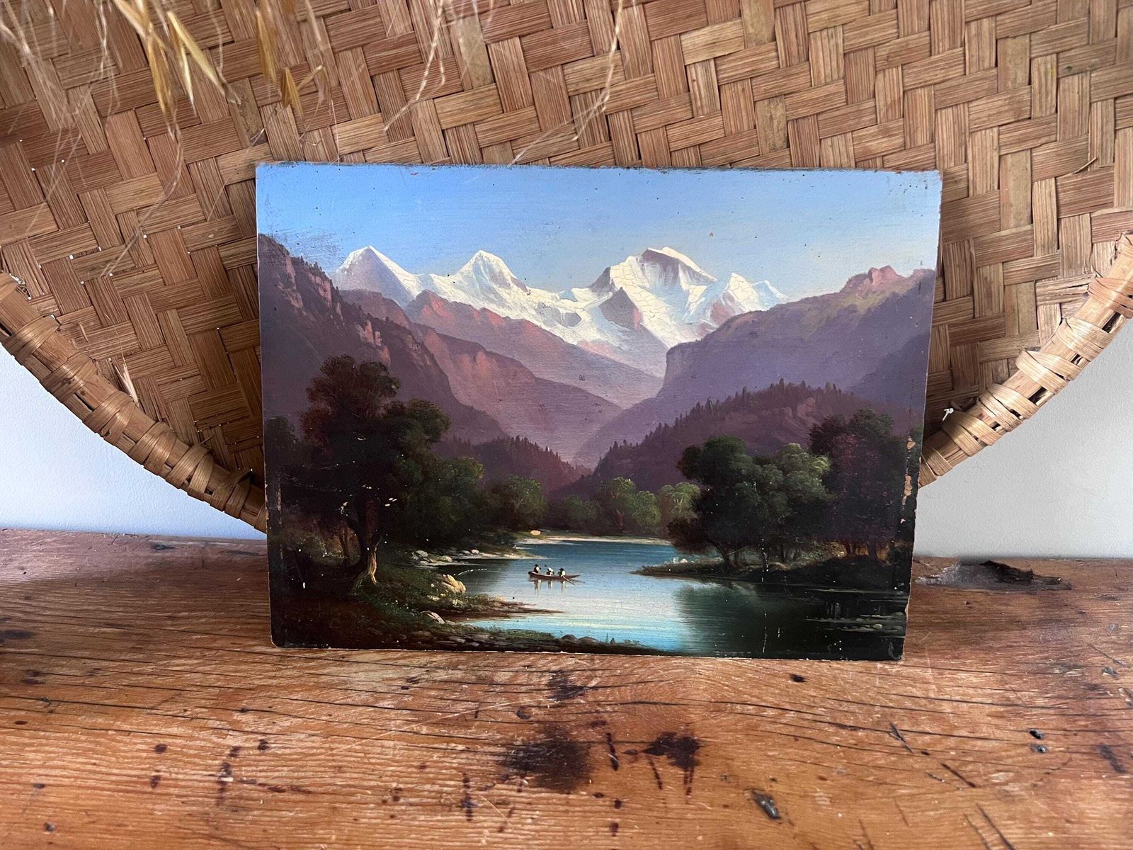 photo vintage Pair Of Antique Swiss Landscape Oil Paintings On Wood Panel, 19th Century Grand Tour Alpine Art, Interlaken, Lake Thun & Jungfrau, Unframed
