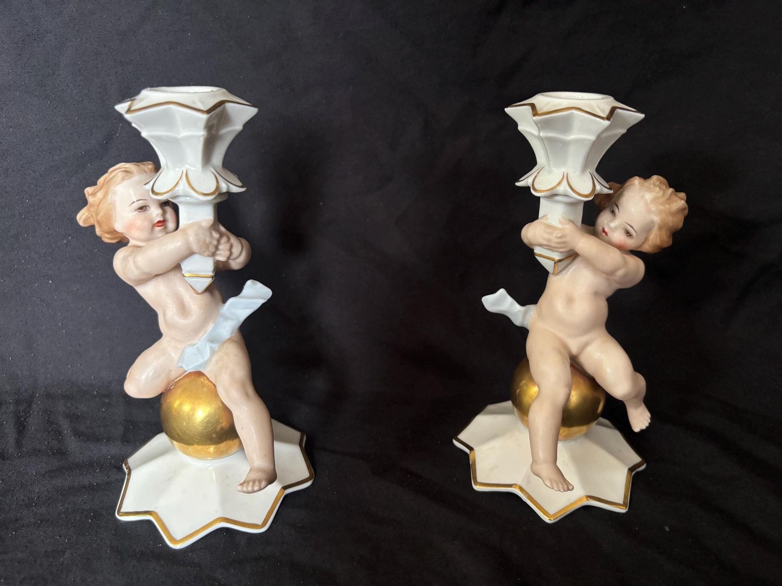 Pair Of Hutschenreuther Cherub / Putti Porcelain Candle Holders   Karl Tutter
