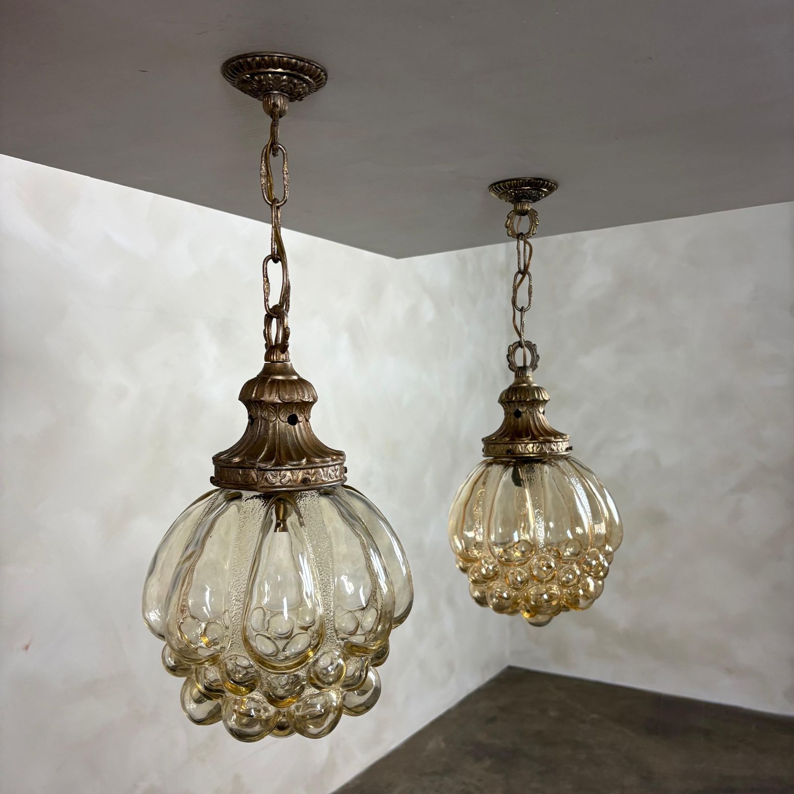 Pair Of Amber Bubble Glass Pendant Lights By Helena Tynell For Glashütte Limburg Mid Century Retro Mcm photo furniture