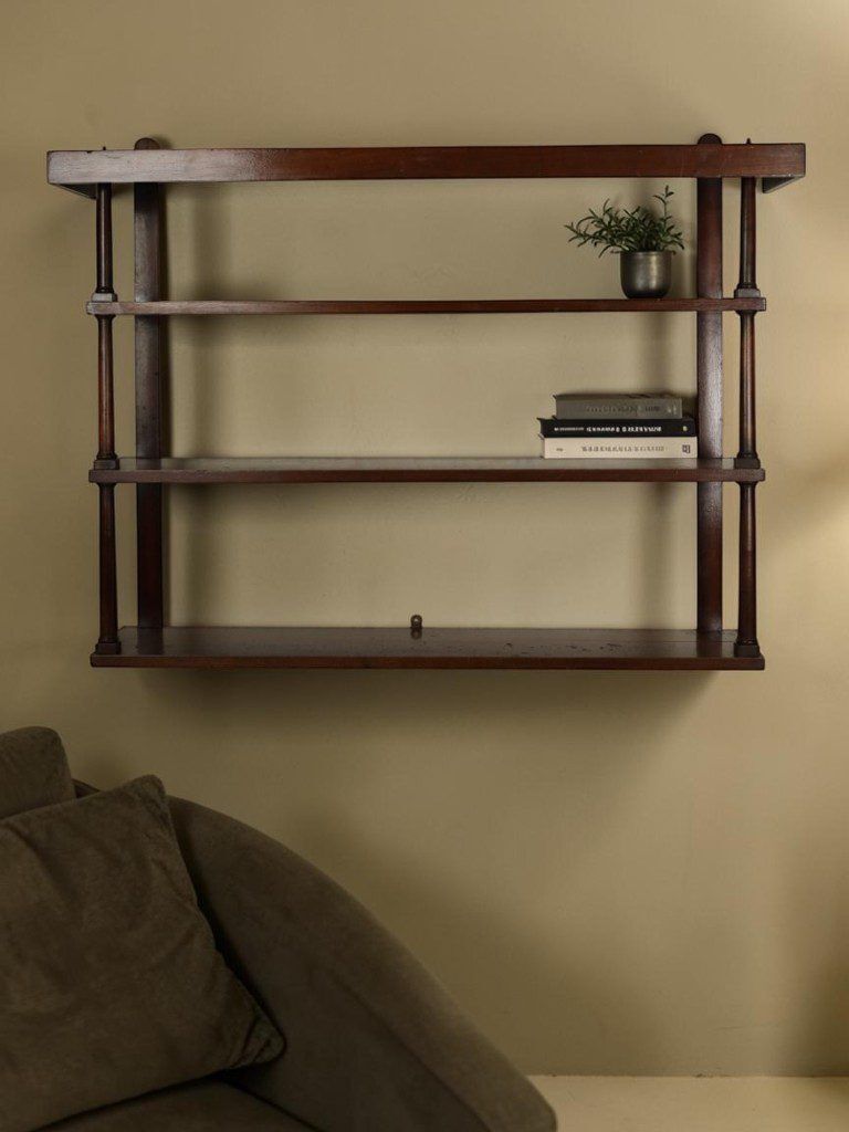 Antique Edwardian Solid Mahogany Three Tier Wall Shelf | Elegant Sheraton Revival Hanging Plate Rack & Bookcase, C.1905