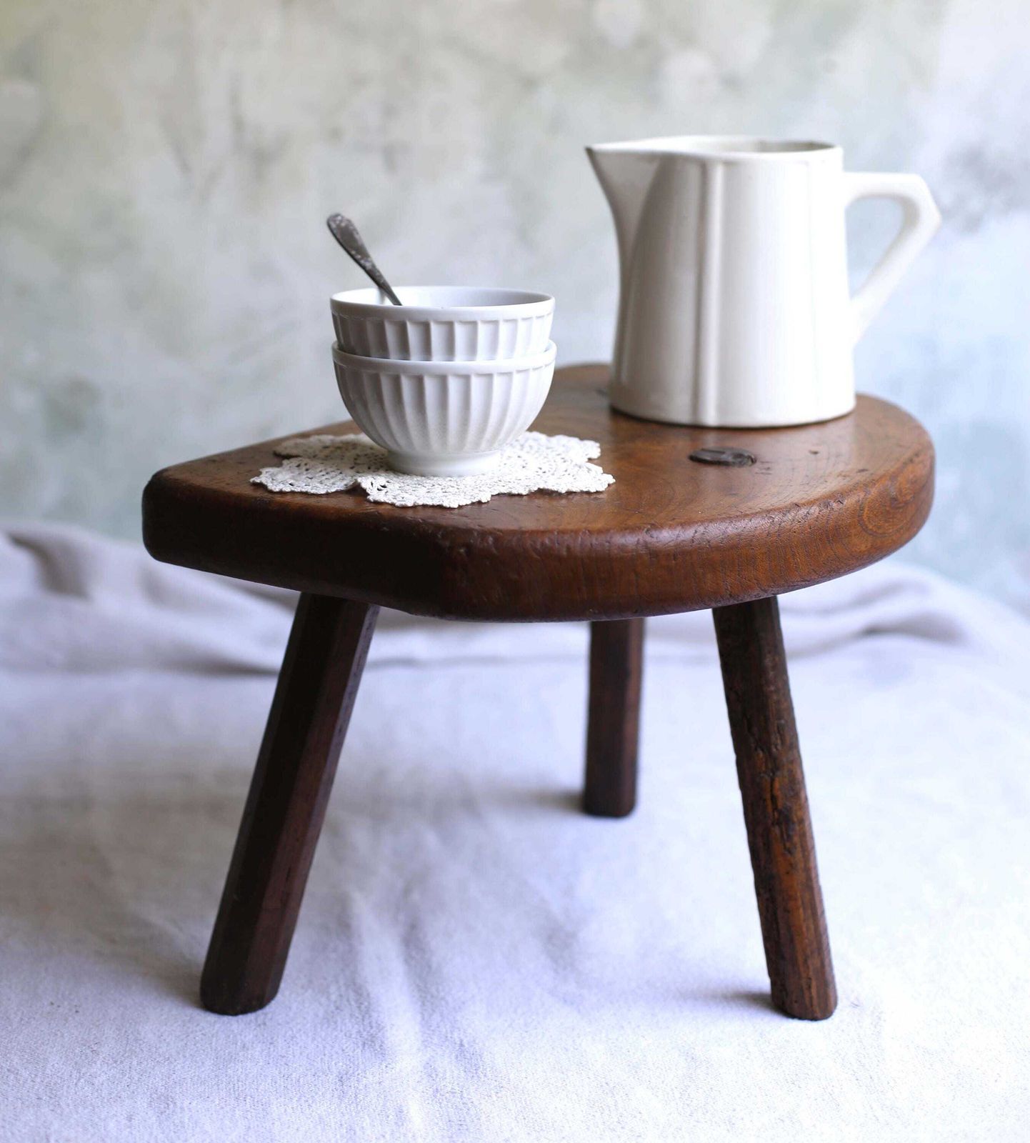 photo for sale Primitive French Milking Stool Low Rustic Farmhouse Side Table Antique Oak Footstool