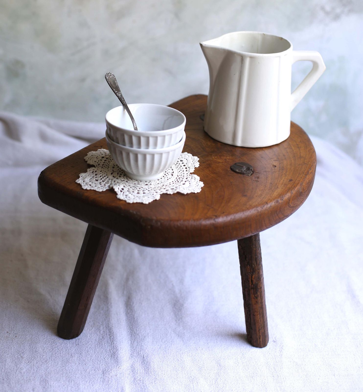 134.0 Primitive French Milking Stool Low Rustic Farmhouse Side Table Antique Oak Footstool photo