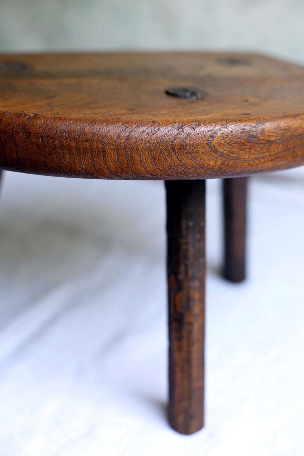 photo vinterior Primitive French Milking Stool Low Rustic Farmhouse Side Table Antique Oak Footstool