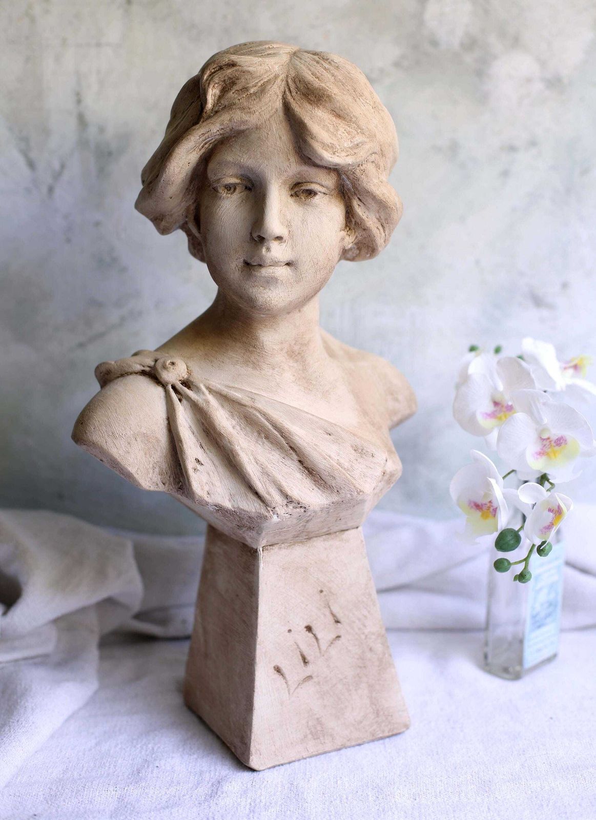Large Art Nouveau Statue Of A Lady Antique Bust Chalkware Young Woman Figurine C.1900 Lili