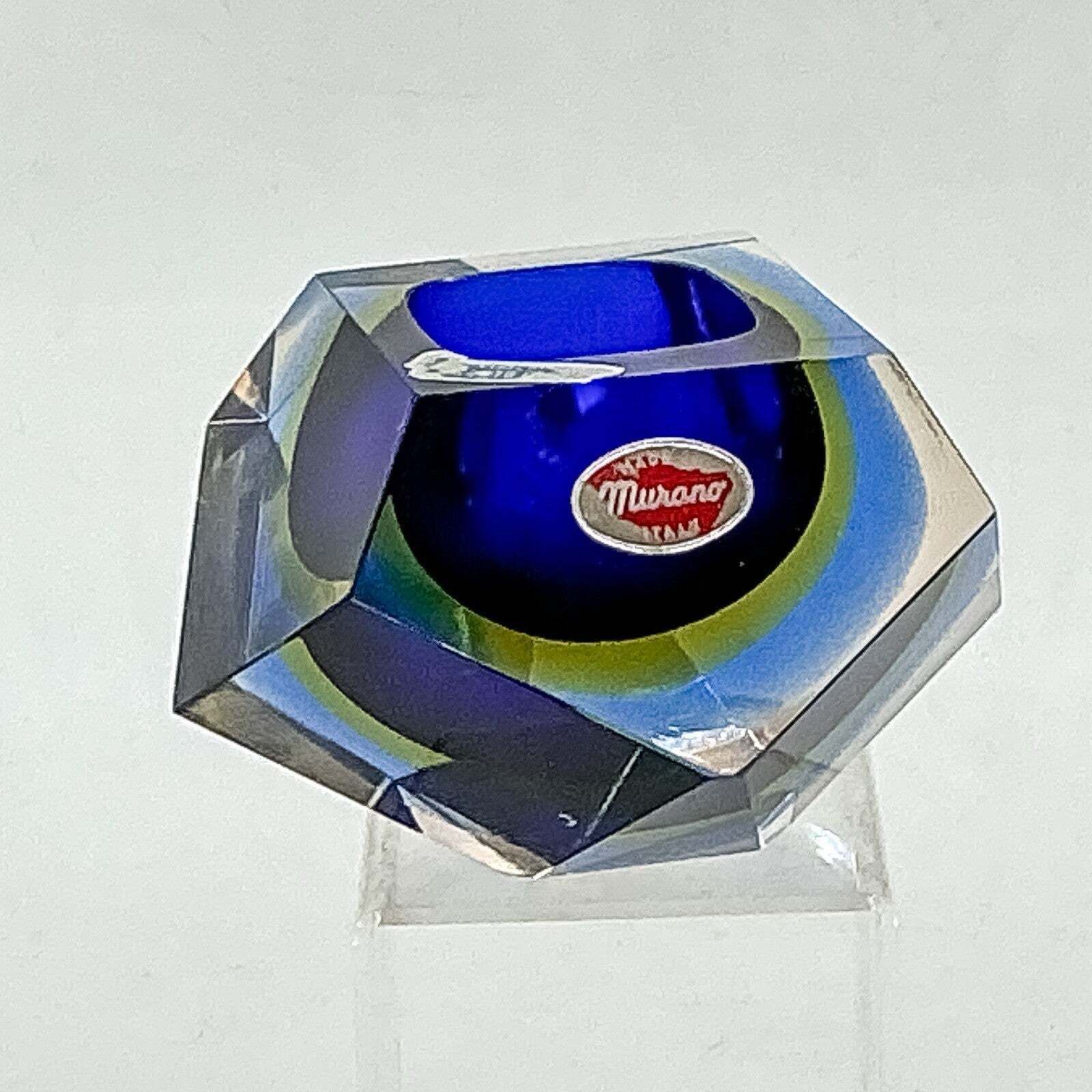 Multi Faceted Murano Sommerso Glass Bowl Mid Century Blue Yellow 70s