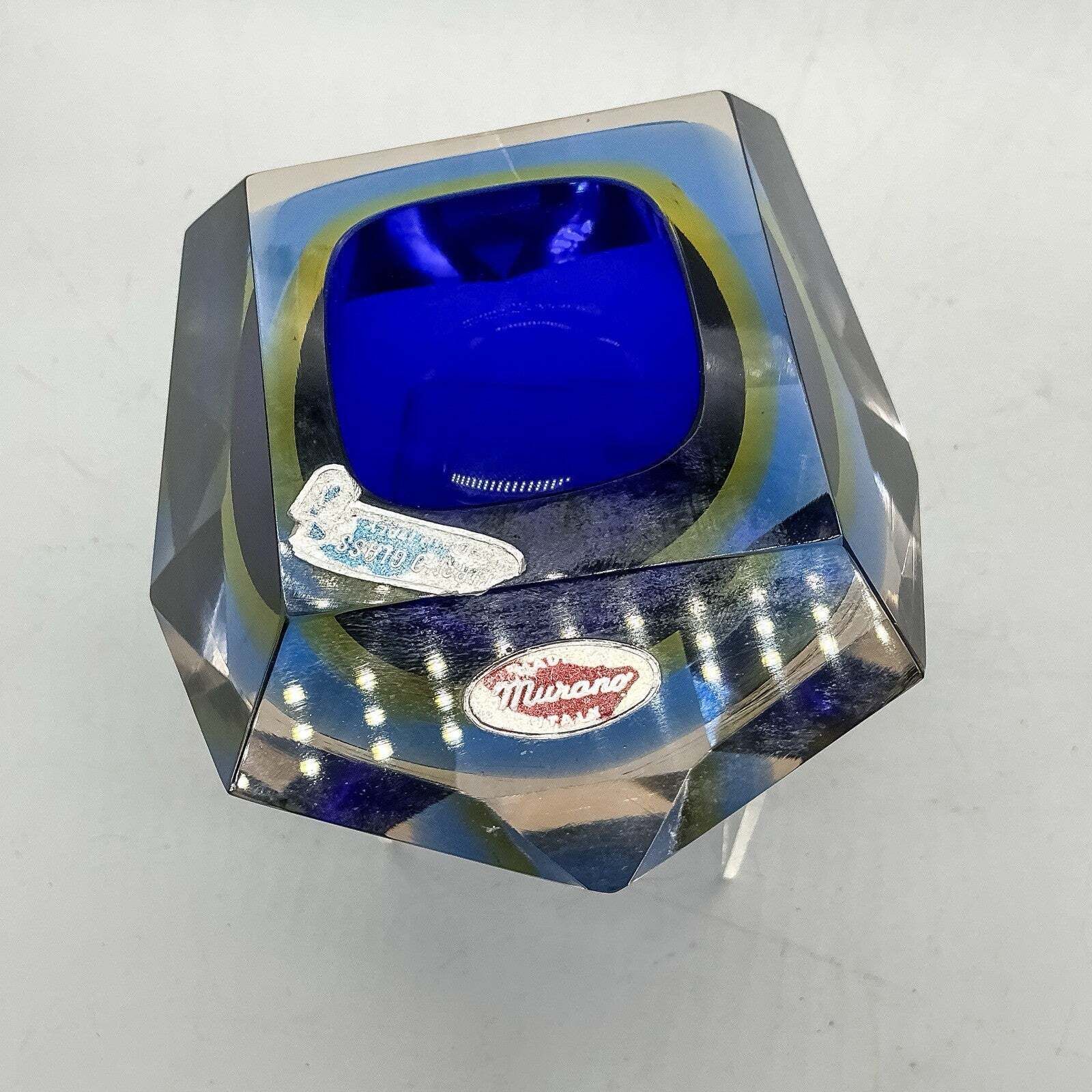 Multi Faceted Murano Sommerso Glass Bowl Mid Century Blue Yellow 70s photo for sale