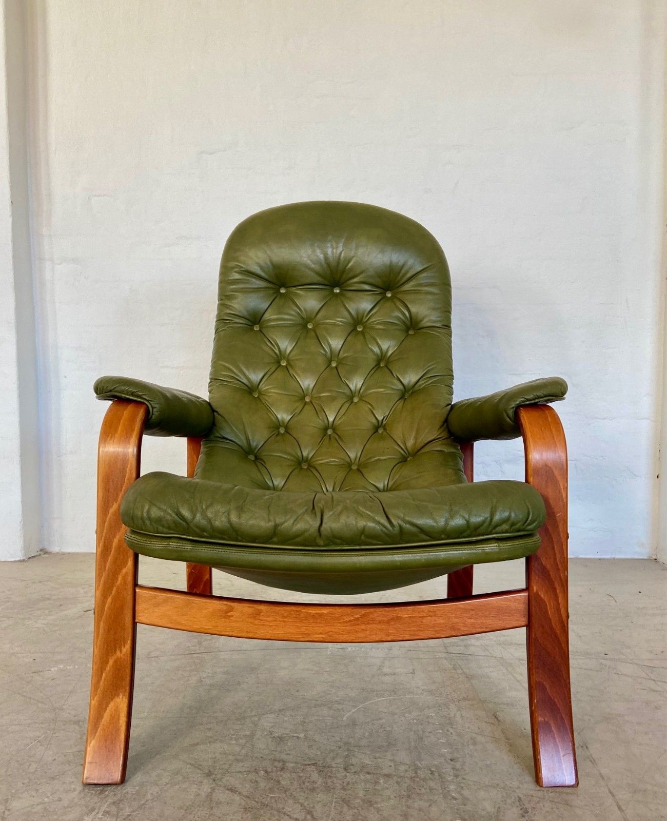 Vintage Swedish Gote Møbler Olive Green Leather Lounge Chair  1970,S photo for sale