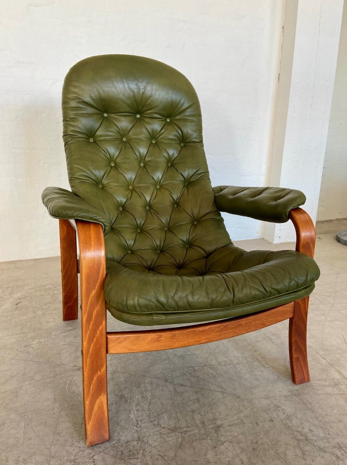 Vintage Swedish Gote Møbler Olive Green Leather Lounge Chair  1970,S photo Furniture