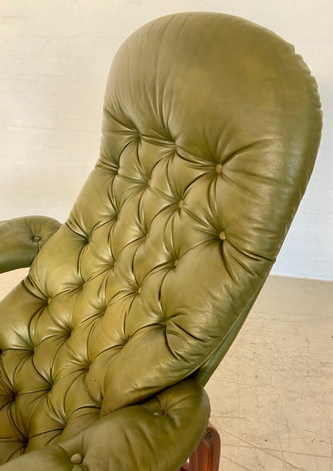 photo for sale Vintage Swedish Gote Møbler Olive Green Leather Lounge Chair  1970,S