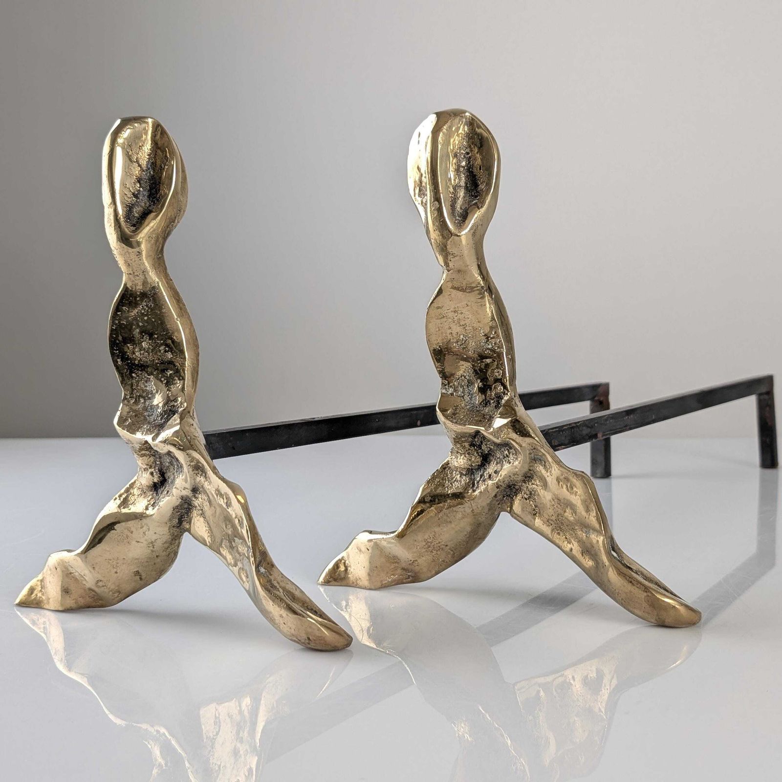 Pair Of Brutalist Sculptural Bronze Fireplace Andirons, 1970s photo buy