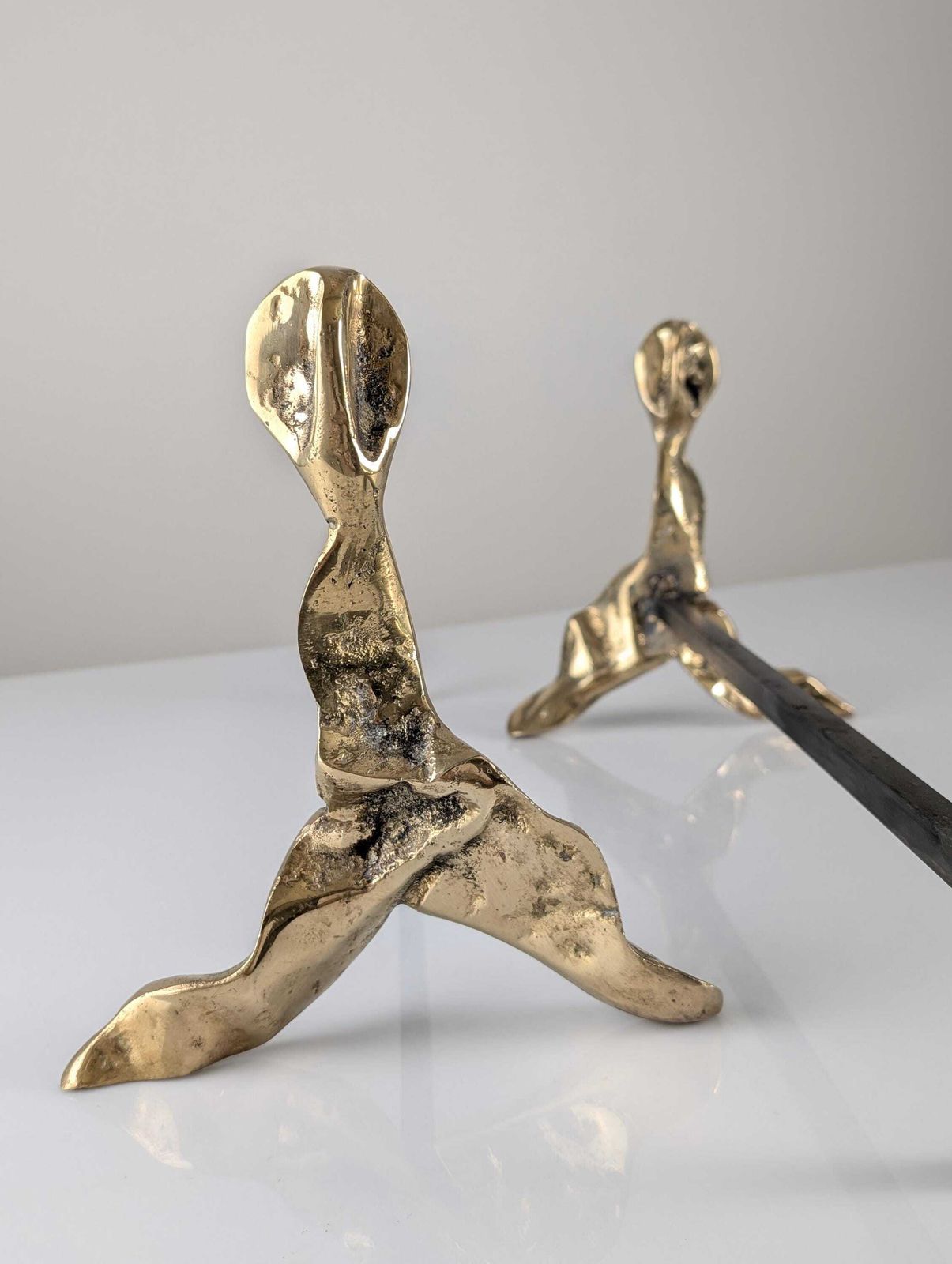 Pair Of Brutalist Sculptural Bronze Fireplace Andirons, 1970s photo vintage