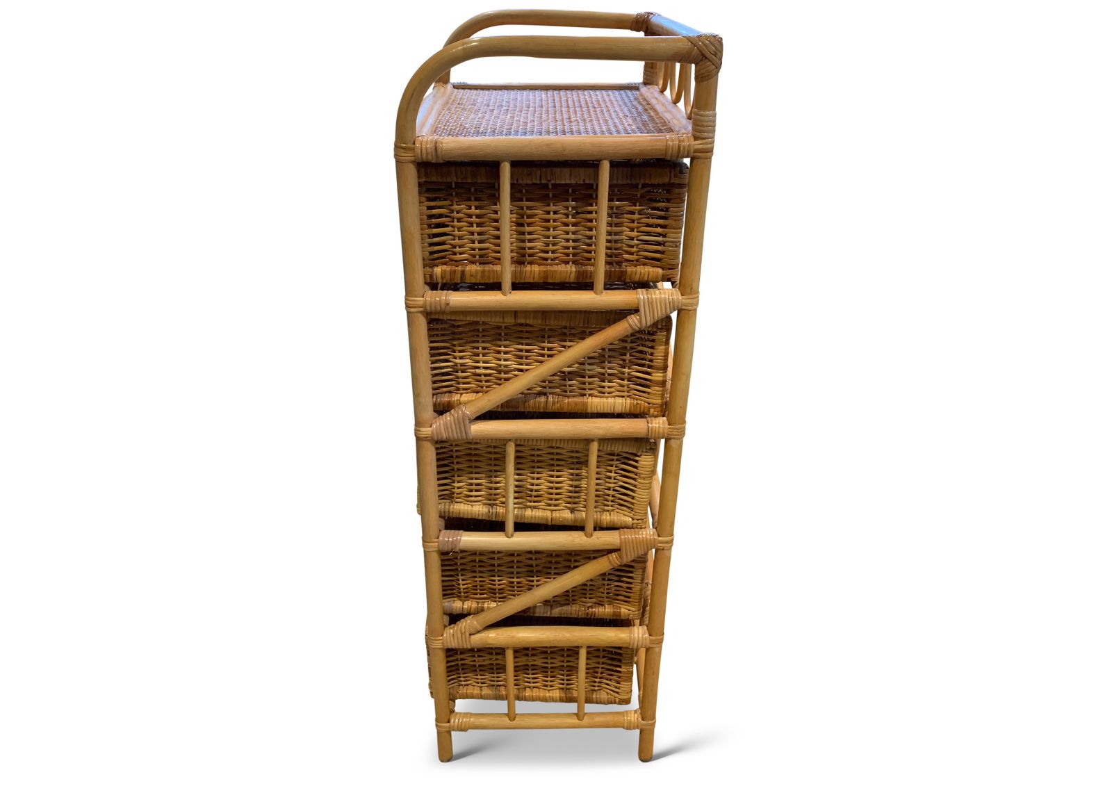 photo for sale Vintage Jungalow Bamboo And Rattan Tallboy Chest Of Four Drawers 1970s