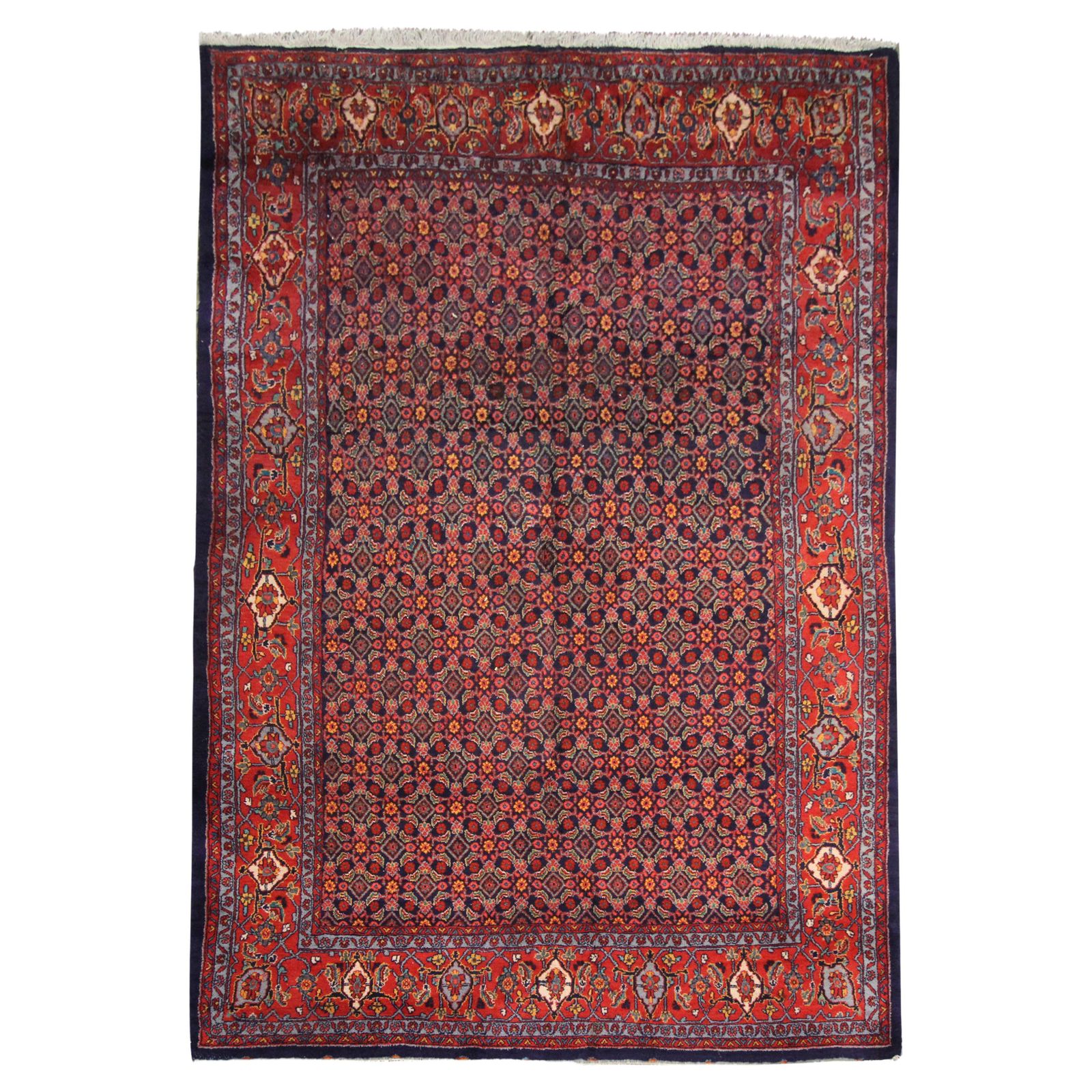 Tapis oriental géométrique traditionnel, fond rouge, fait main