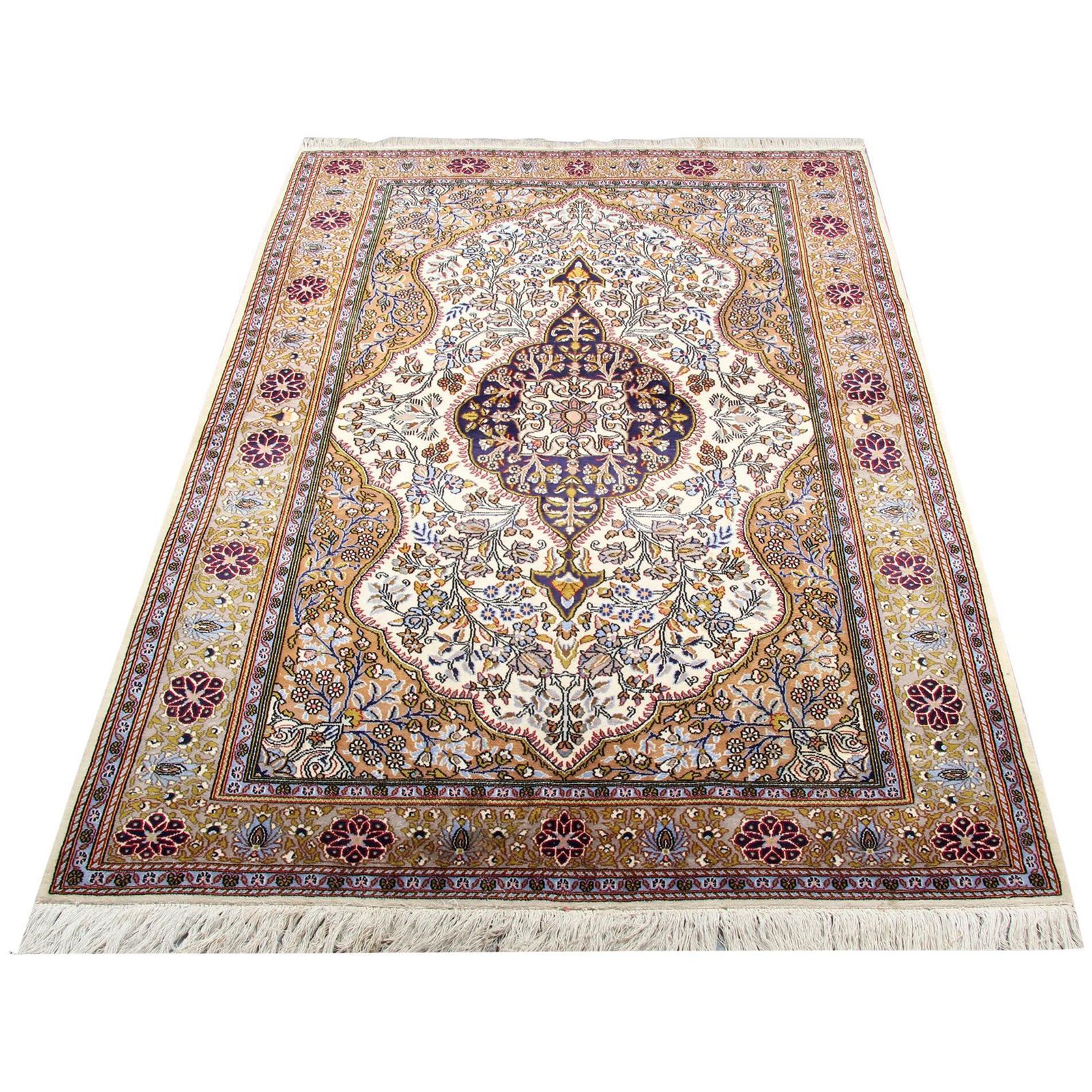 Tapis oriental ivoire fait main, médaillon floral, tapis de salon