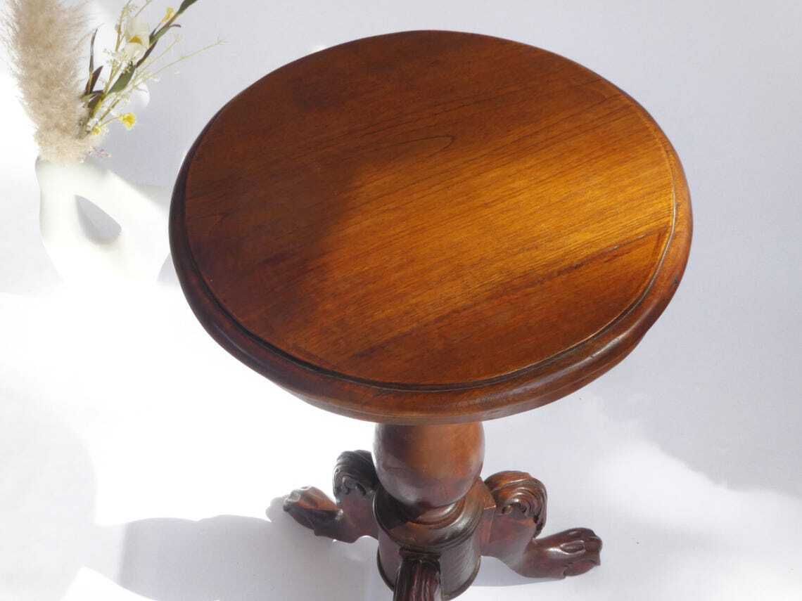 Antique Round Victorian Wooden Side Table Walnut Wine Table With Carved Details Wooden Tripod Pedestal photo for sale
