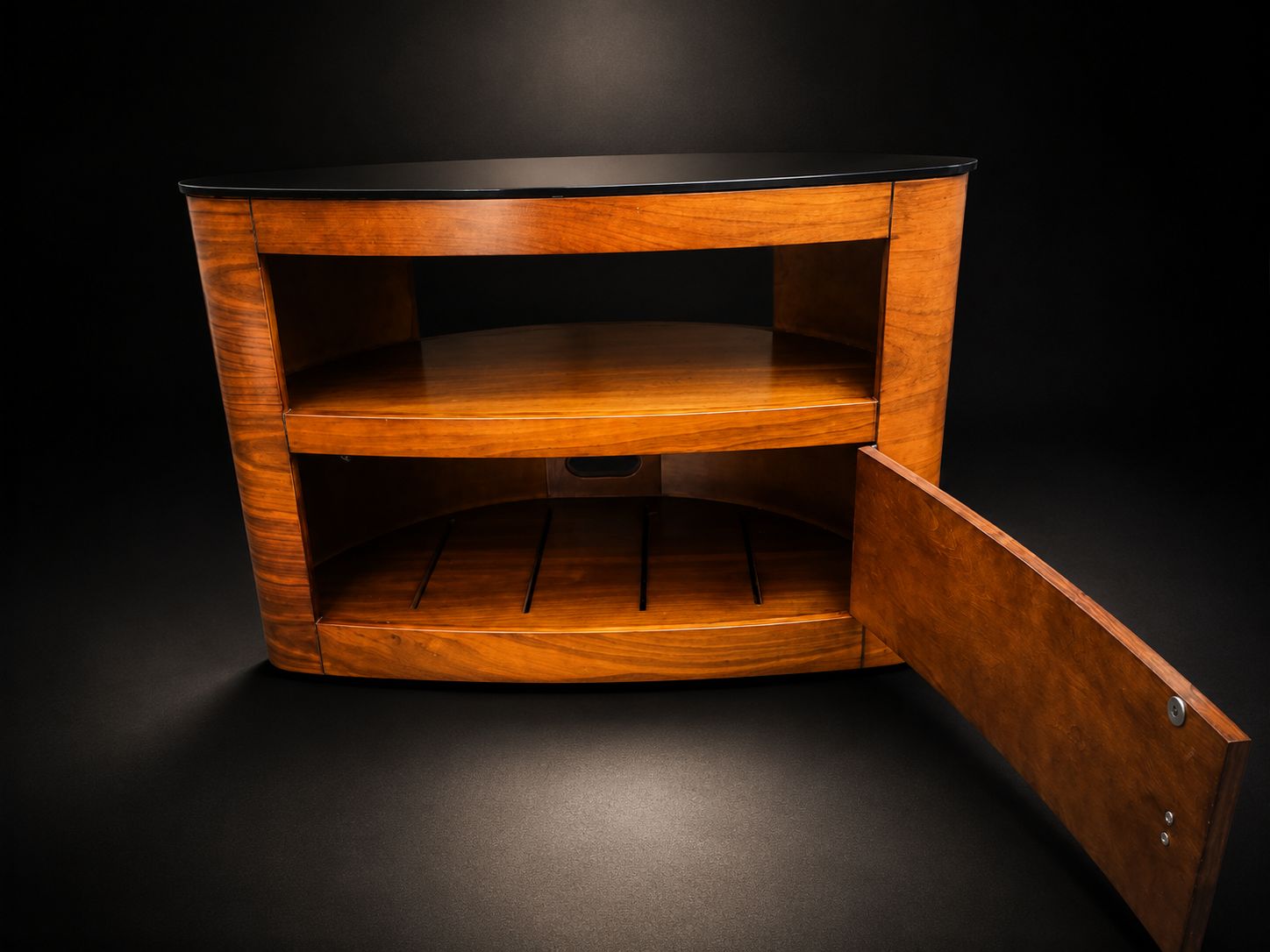 Art Deco Style Curved Wooden Tv Stand Black Glass Top Media Unit photo for sale