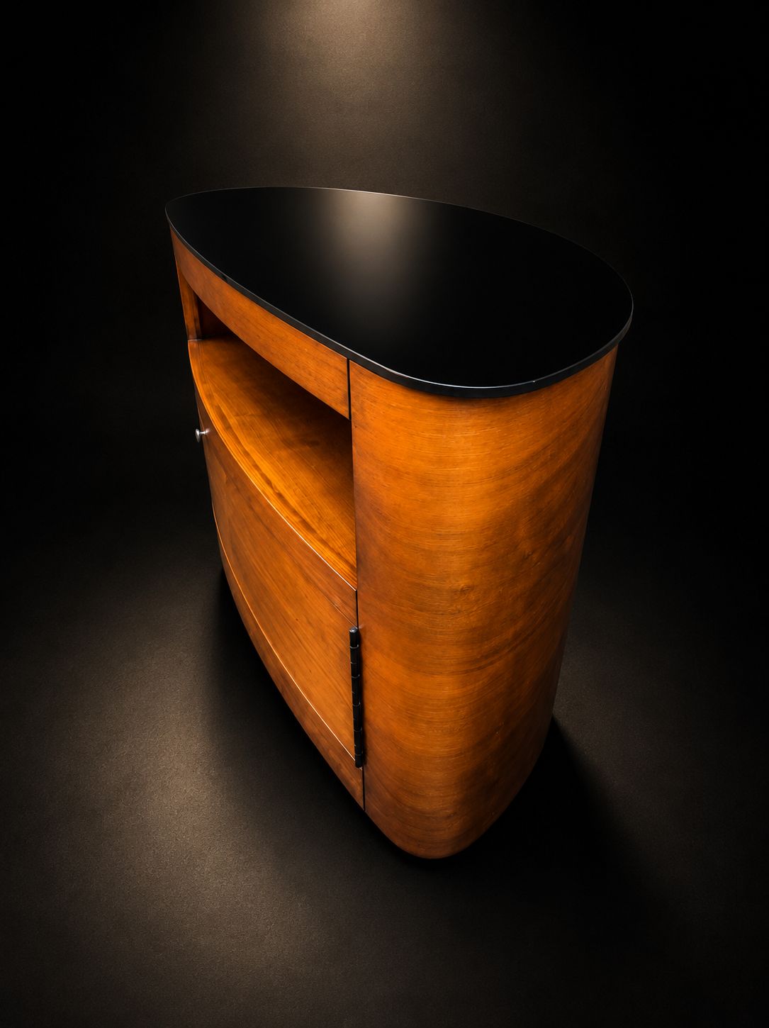 Art Deco Style Curved Wooden Tv Stand Black Glass Top Media Unit photo vinterior