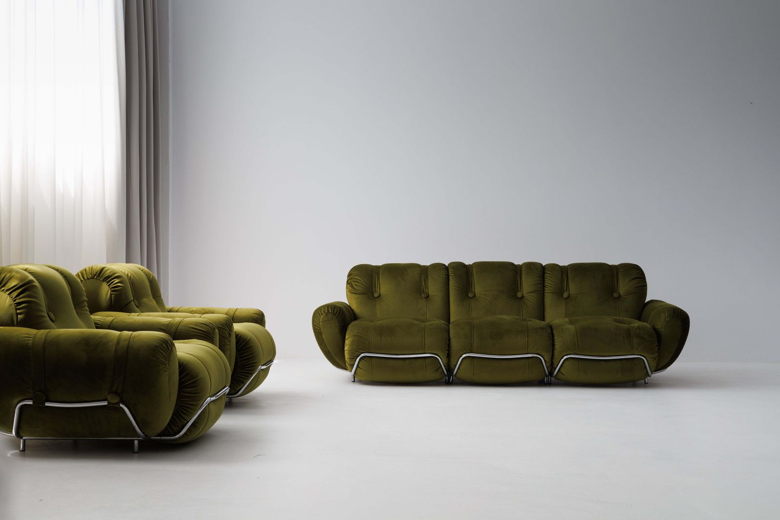 Three Seater Sofa And Armchairs Dining Set By Adriano Piazzesi, Reupholstered Olive Velvet photo furniture