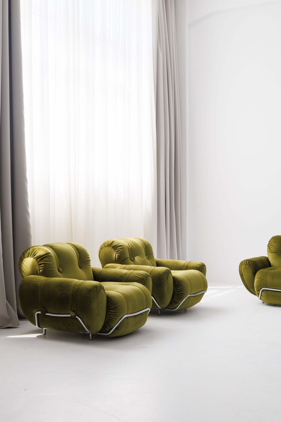 Three Seater Sofa And Armchairs Dining Set By Adriano Piazzesi, Reupholstered Olive Velvet photo for sale